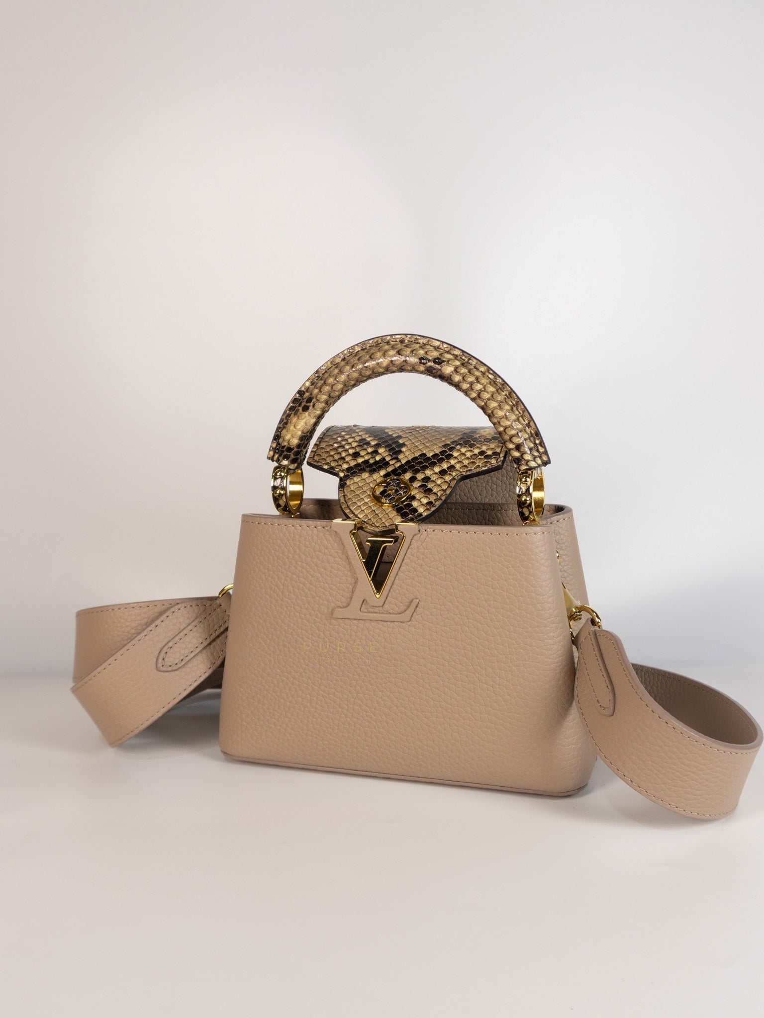 Capucines Mini Beige and Snakeskin Handle Bag (Microchip) | Purse Maison Luxury Bags Shop