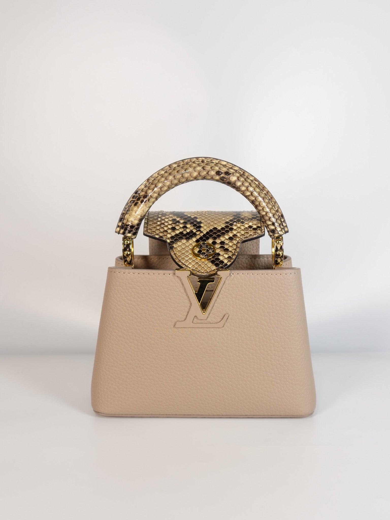 Capucines Mini Beige and Snakeskin Handle Bag (Microchip) | Purse Maison Luxury Bags Shop