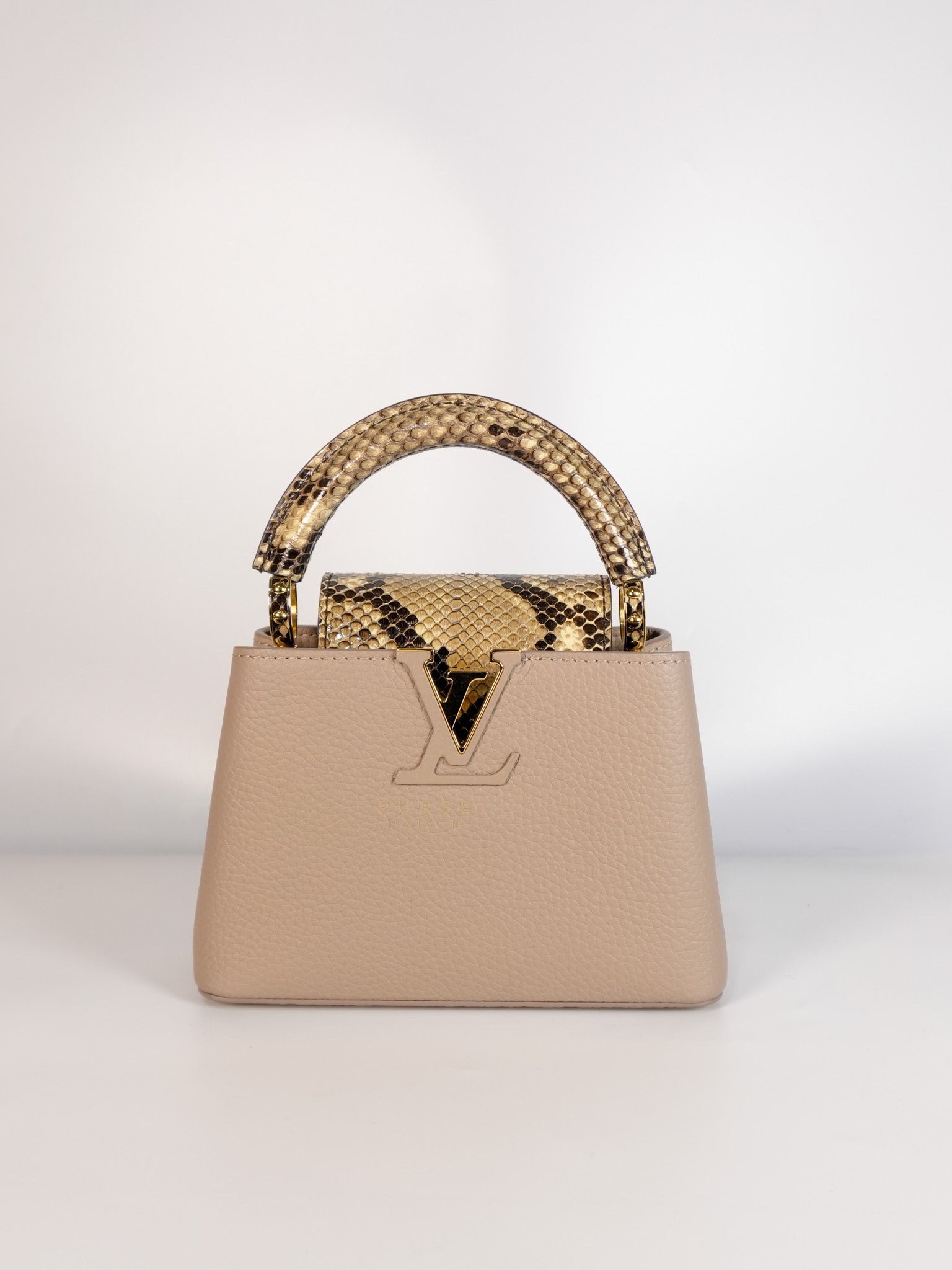 Capucines Mini Beige and Snakeskin Handle Bag (Microchip) | Purse Maison Luxury Bags Shop