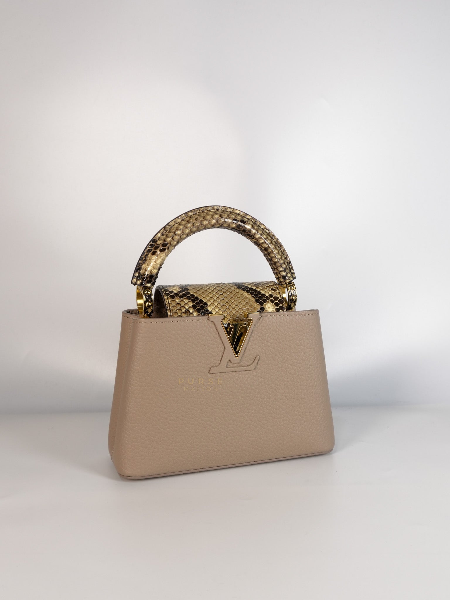 Capucines Mini Beige and Snakeskin Handle Bag (Microchip) | Purse Maison Luxury Bags Shop
