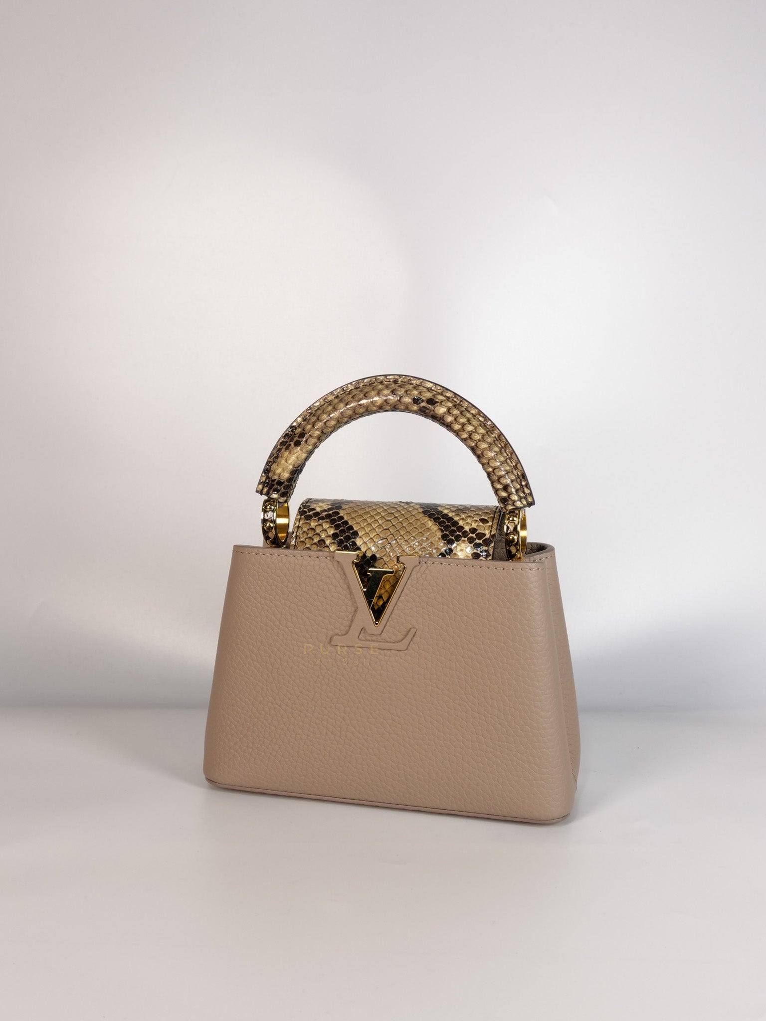 Capucines Mini Beige and Snakeskin Handle Bag (Microchip) | Purse Maison Luxury Bags Shop