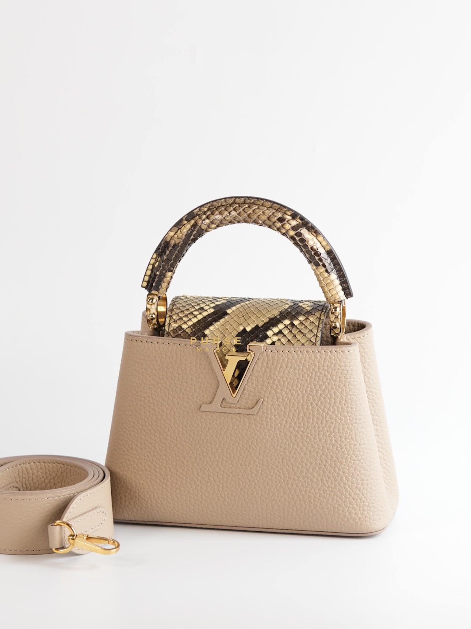 Capucines Mini Beige and Snakeskin Handle Bag (Microchip) | Purse Maison Luxury Bags Shop