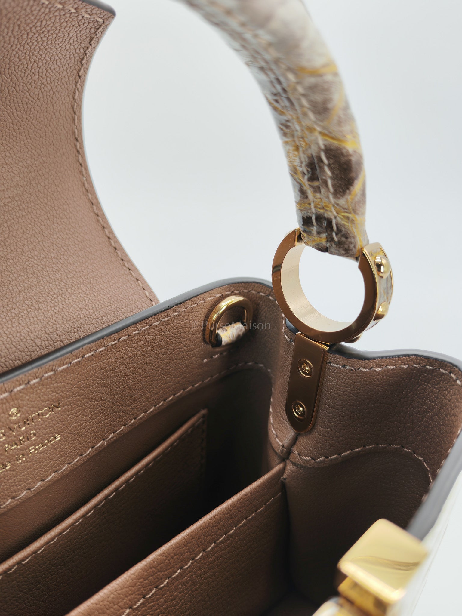 Capucines Mini Himalayan Crocodile Leather and Gold Hardware (Microchip) | Purse Maison Luxury Bags Shop