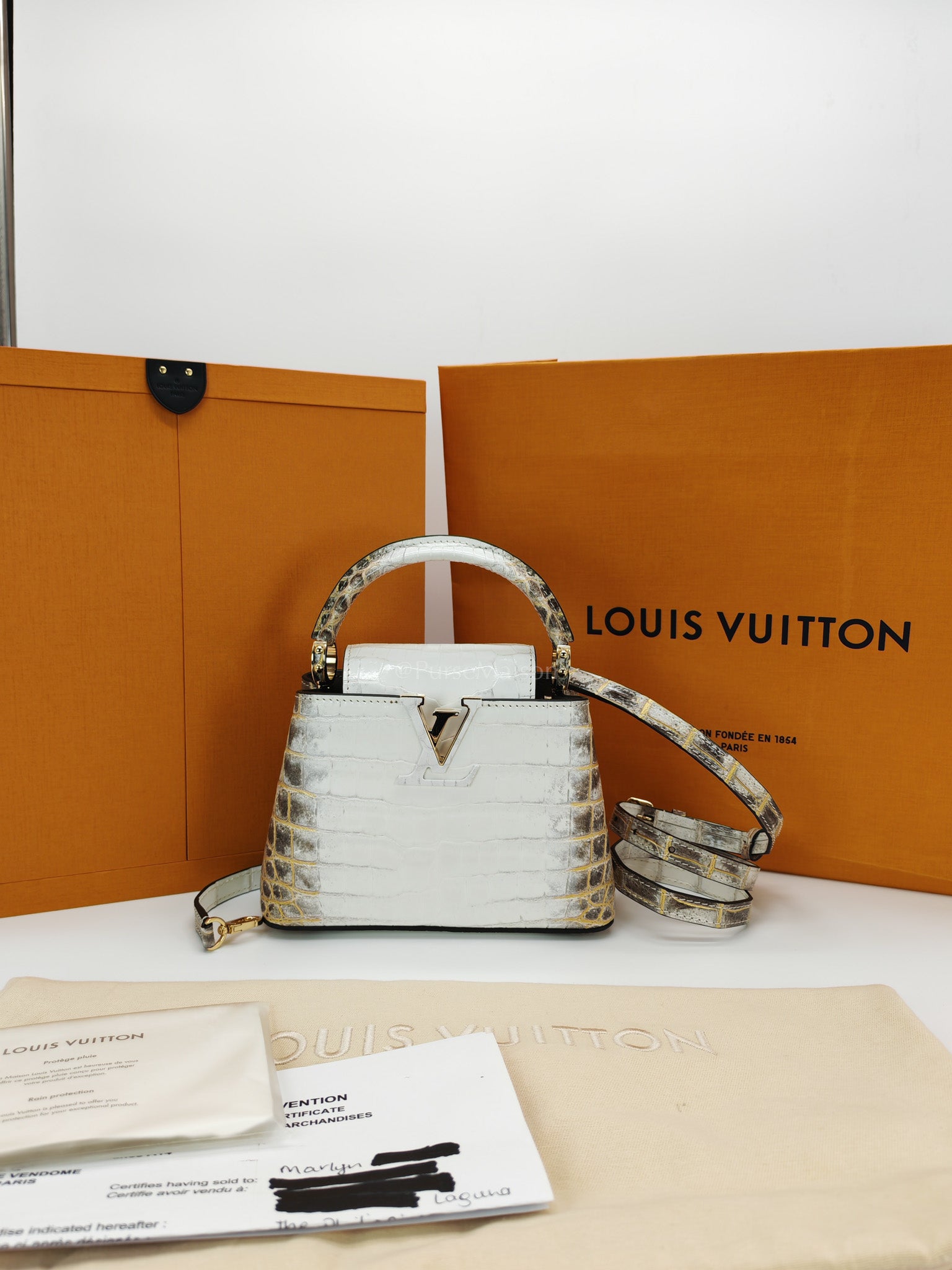 Capucines Mini Himalayan Crocodile Leather and Gold Hardware (Microchip) | Purse Maison Luxury Bags Shop