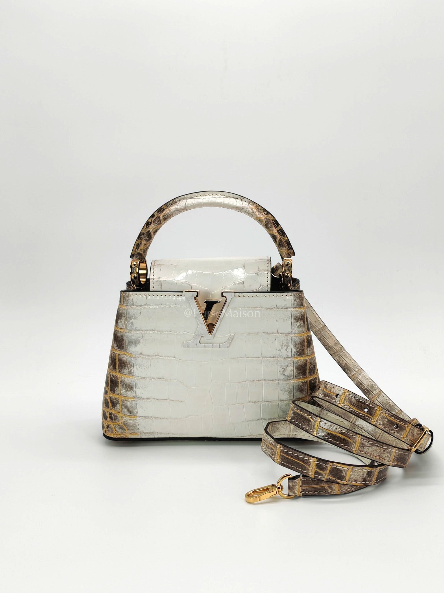 Capucines Mini Himalayan Crocodile Leather and Gold Hardware (Microchip) | Purse Maison Luxury Bags Shop