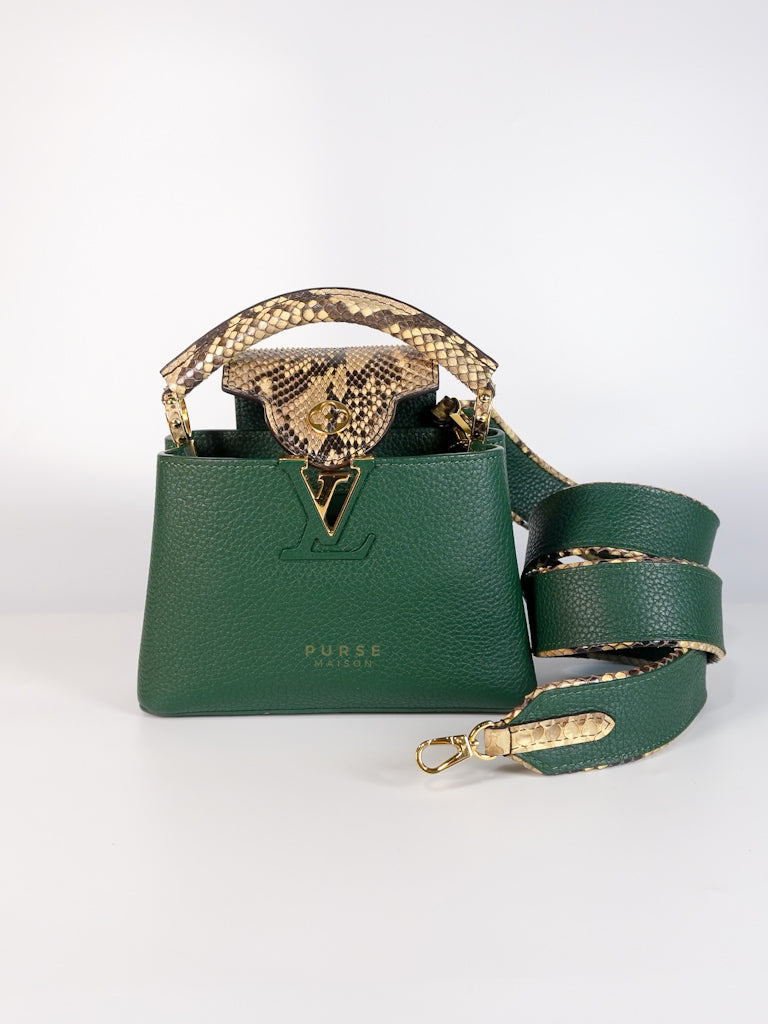 Capucines Mini in Emeraude Green Taurillon Leather Python Skin (Date Code: AH2199) | Purse Maison Luxury Bags Shop
