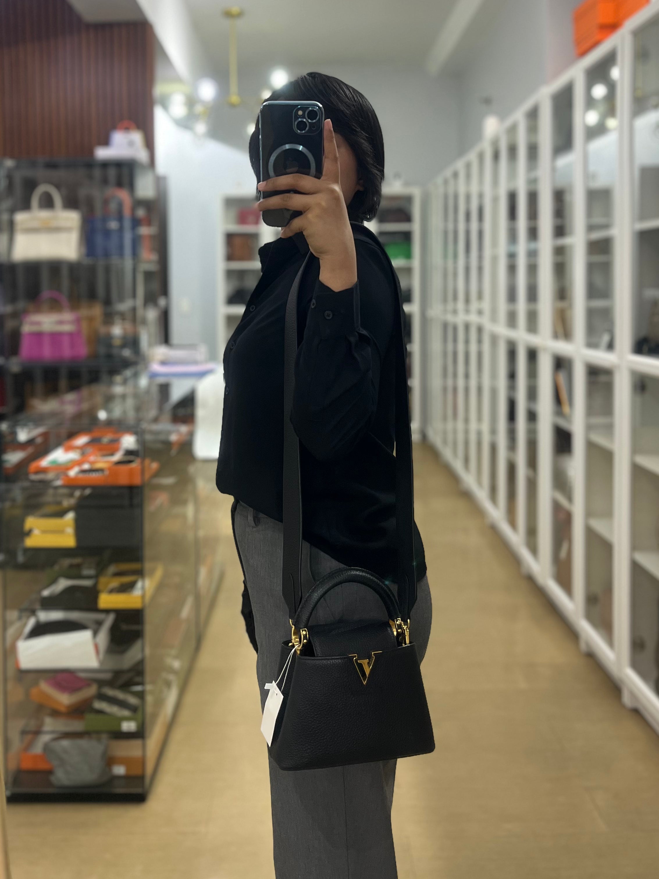 Capucines Mini Top Handle Black Taurillon Leather Bag (Microchip) | Purse Maison Luxury Bags Shop