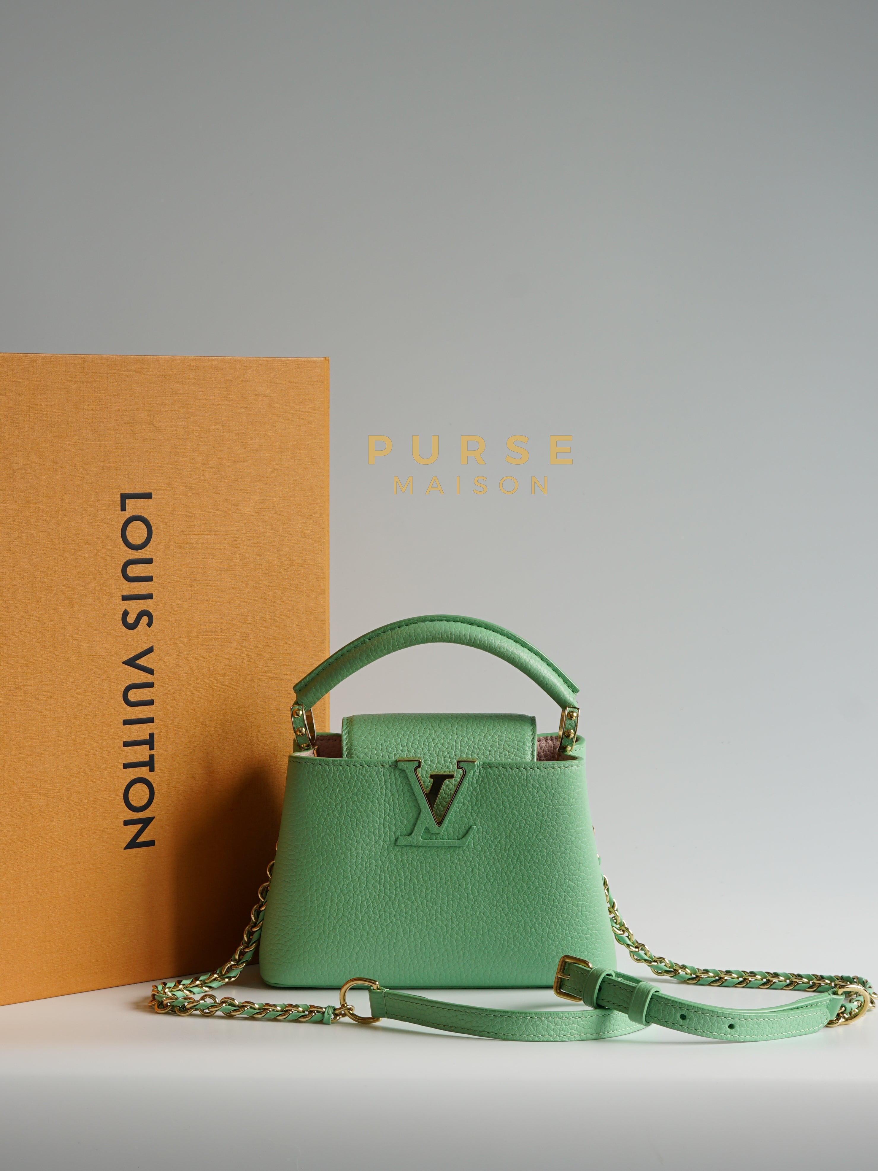Capucines Mini Vert Pomme (Mint Green) Taurillon Leather Bag (Microchip) | Purse Maison Luxury Bags Shop