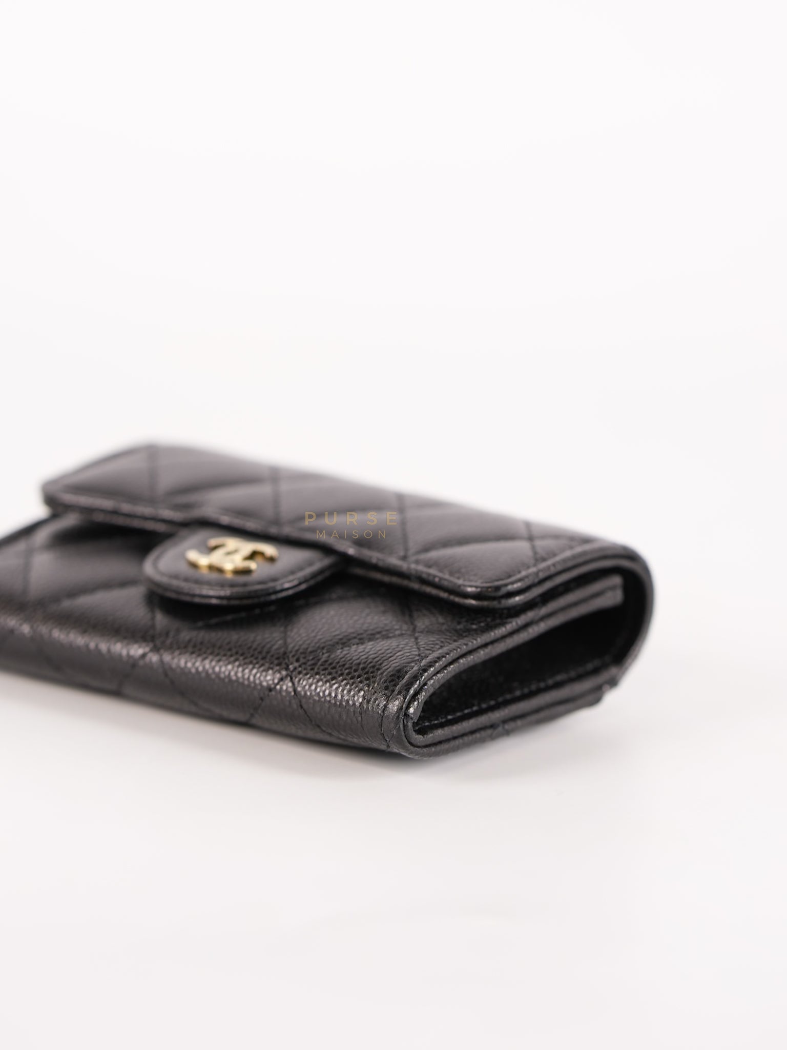 Card Holder In Black Caviar Leather & Light Gold Hardware Microchip | Purse Maison Luxury Bags Shop