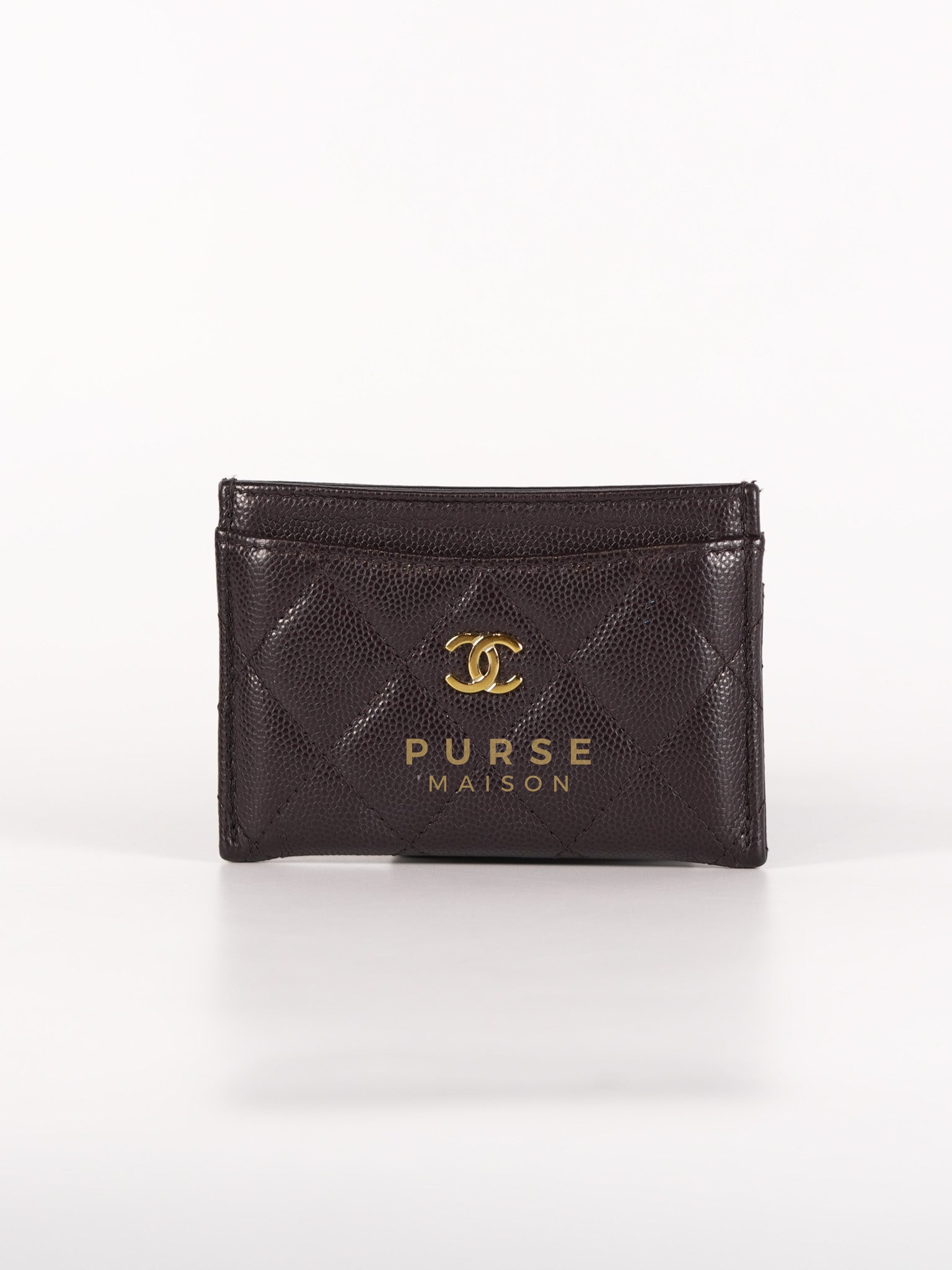 Card Holder in Dark Brown Quilted Caviar Leather & Gold Hardware Microchip | Purse Maison Luxury Bags Shop