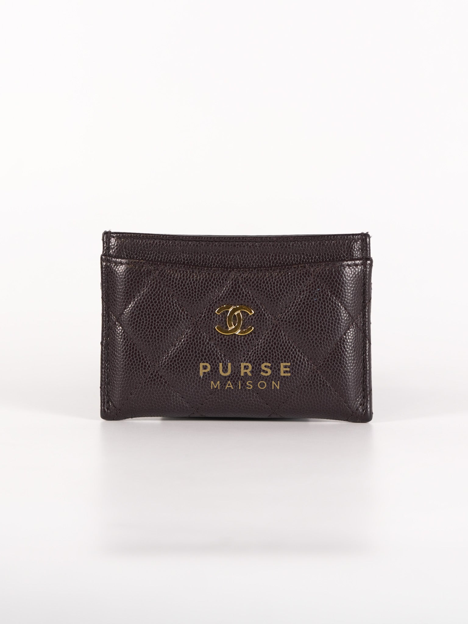Card Holder in Dark Brown Quilted Caviar Leather & Gold Hardware Microchip | Purse Maison Luxury Bags Shop