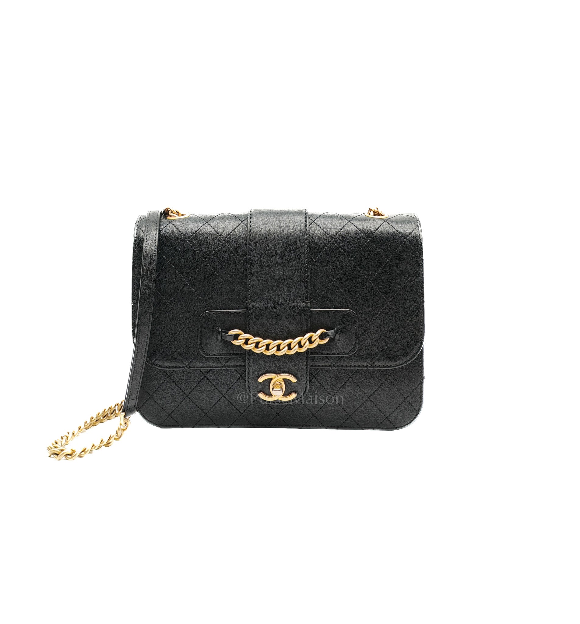 Chanel Front Chain Flap Bag in Black Quilted Calfskin Leather & Aged Gold Hardware Series 24