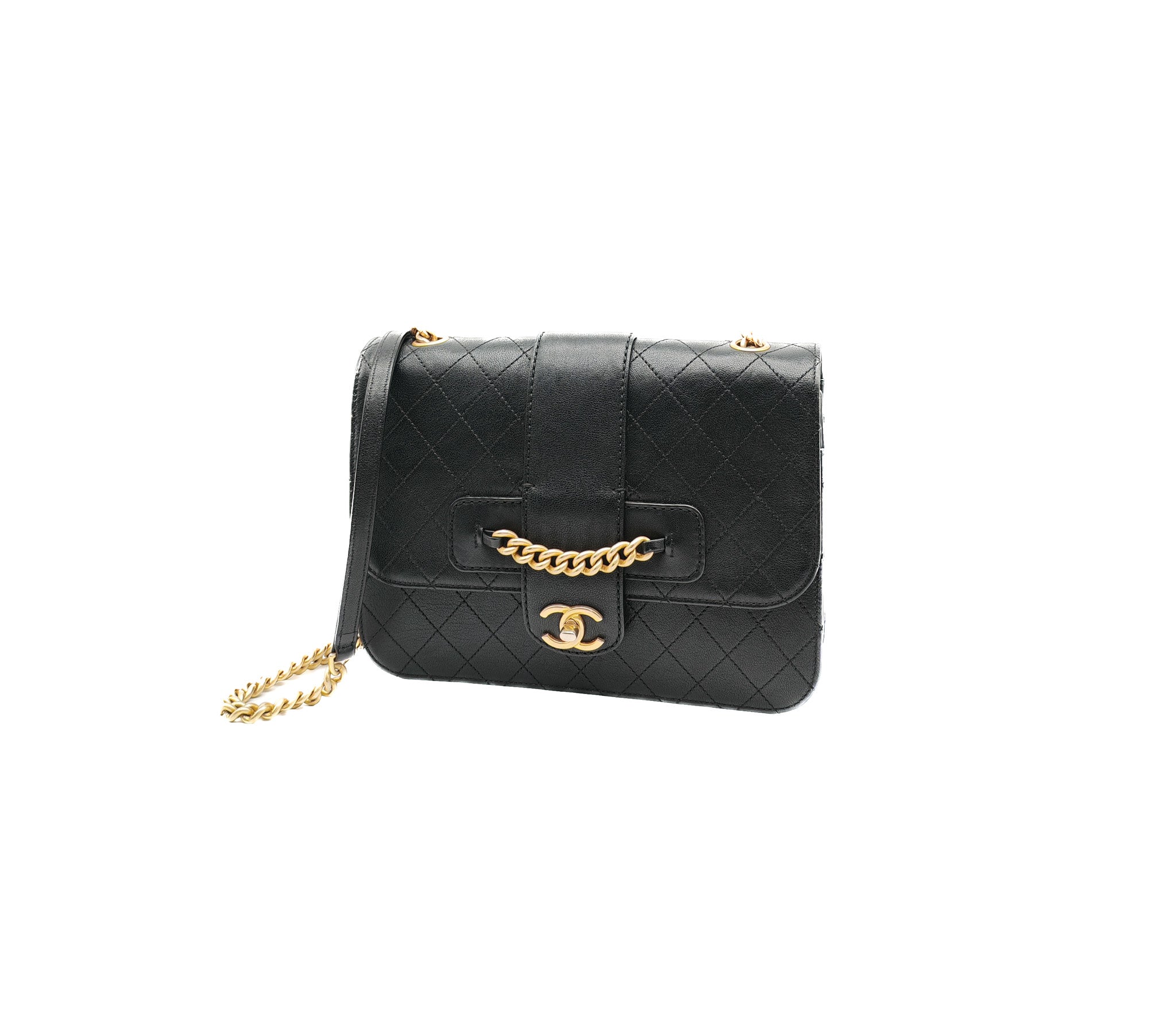Chanel Front Chain Flap Bag in Black Quilted Calfskin Leather & Aged Gold Hardware Series 24