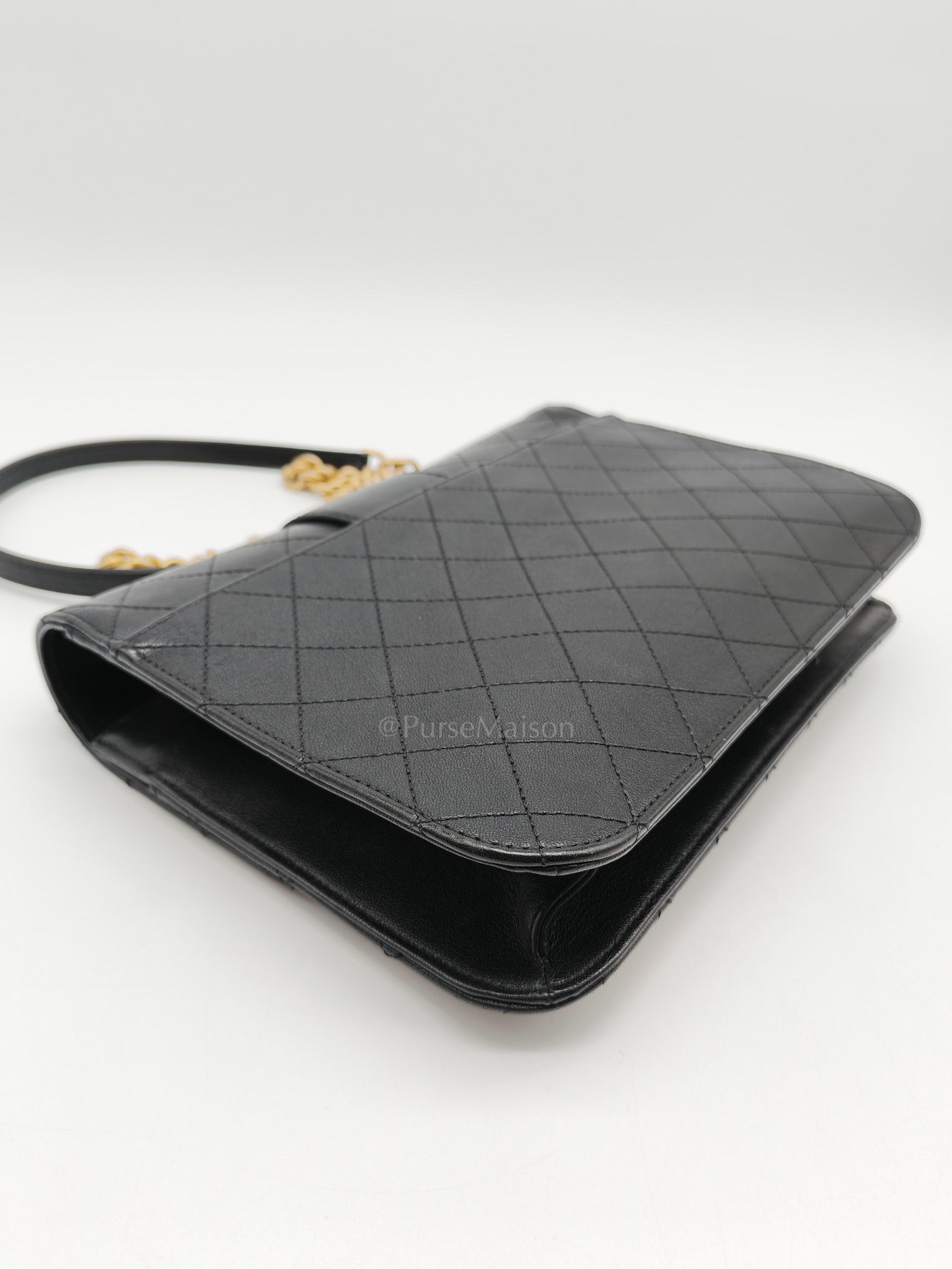 Chanel Front Chain Flap Bag in Black Quilted Calfskin Leather & Aged Gold Hardware Series 24