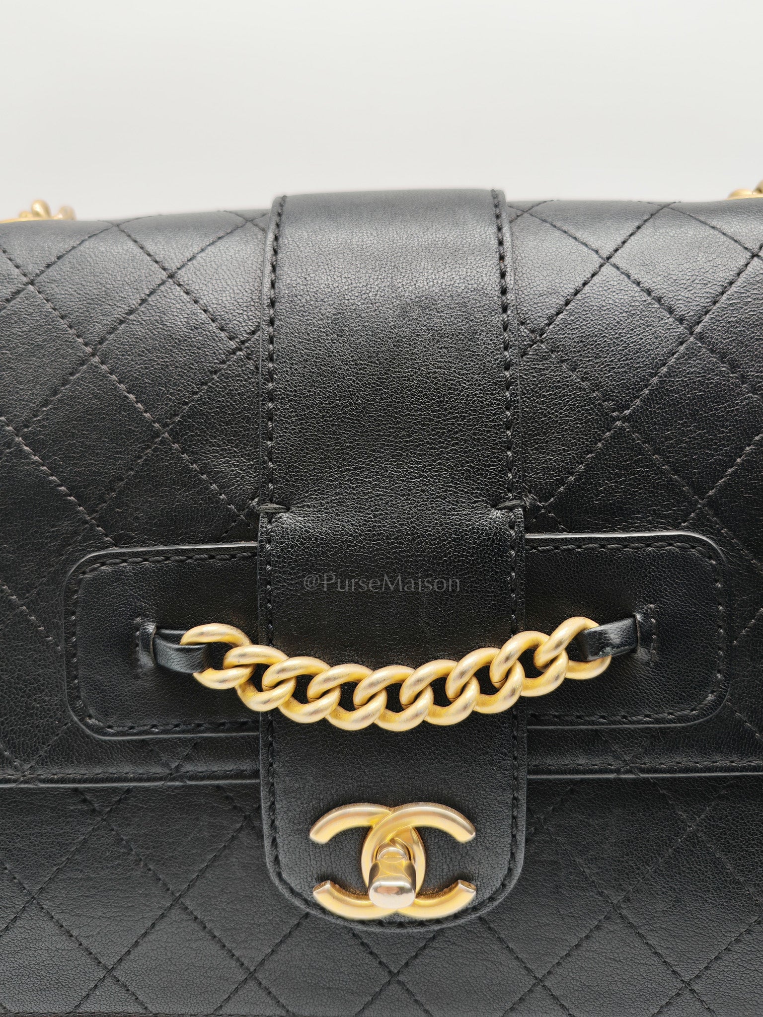 Chanel Front Chain Flap Bag in Black Quilted Calfskin Leather & Aged Gold Hardware Series 24