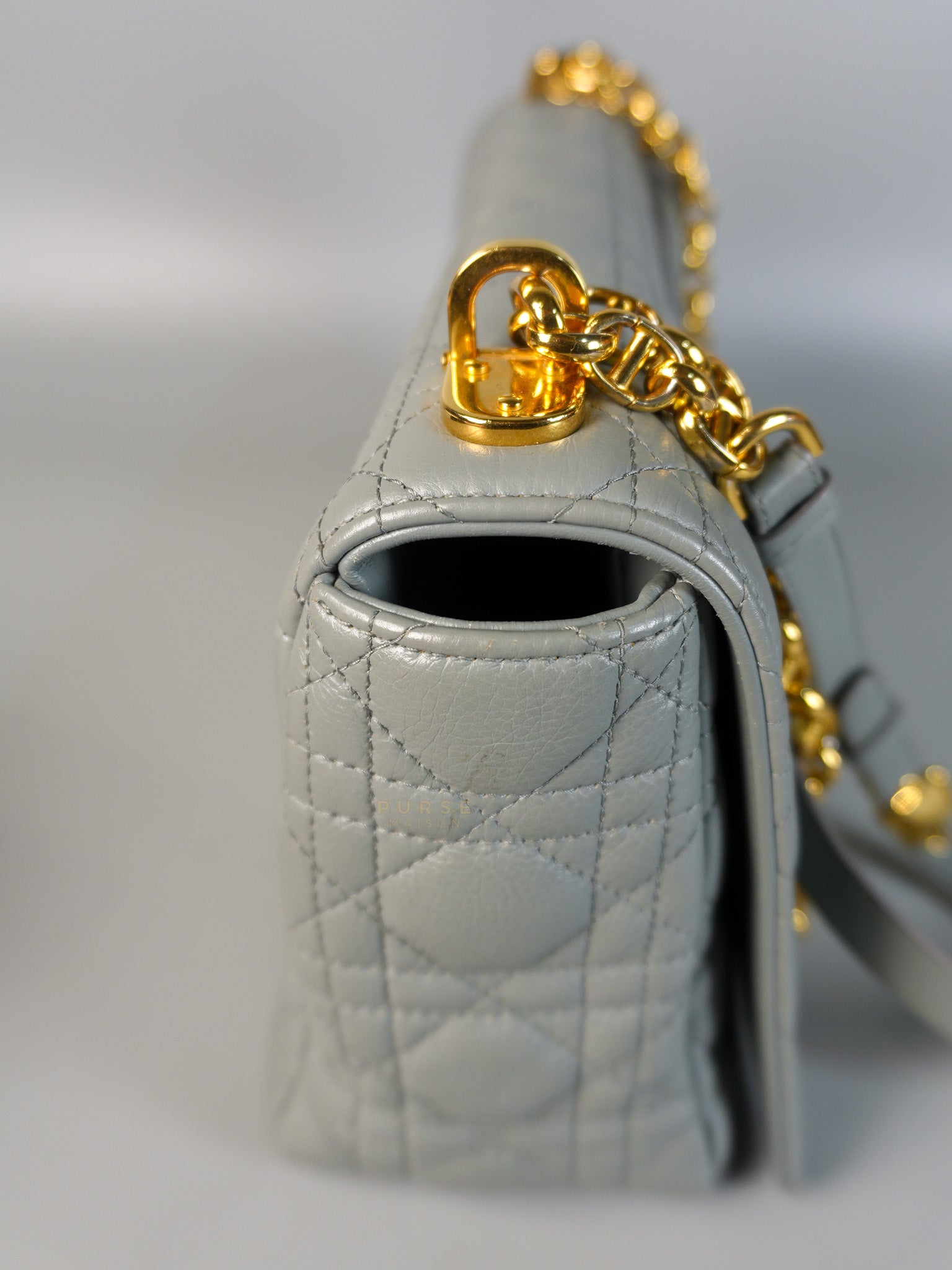 Caro Large in Grey Leather Shoulder Bag with Gold Hardware | Purse Maison Luxury Bags Shop