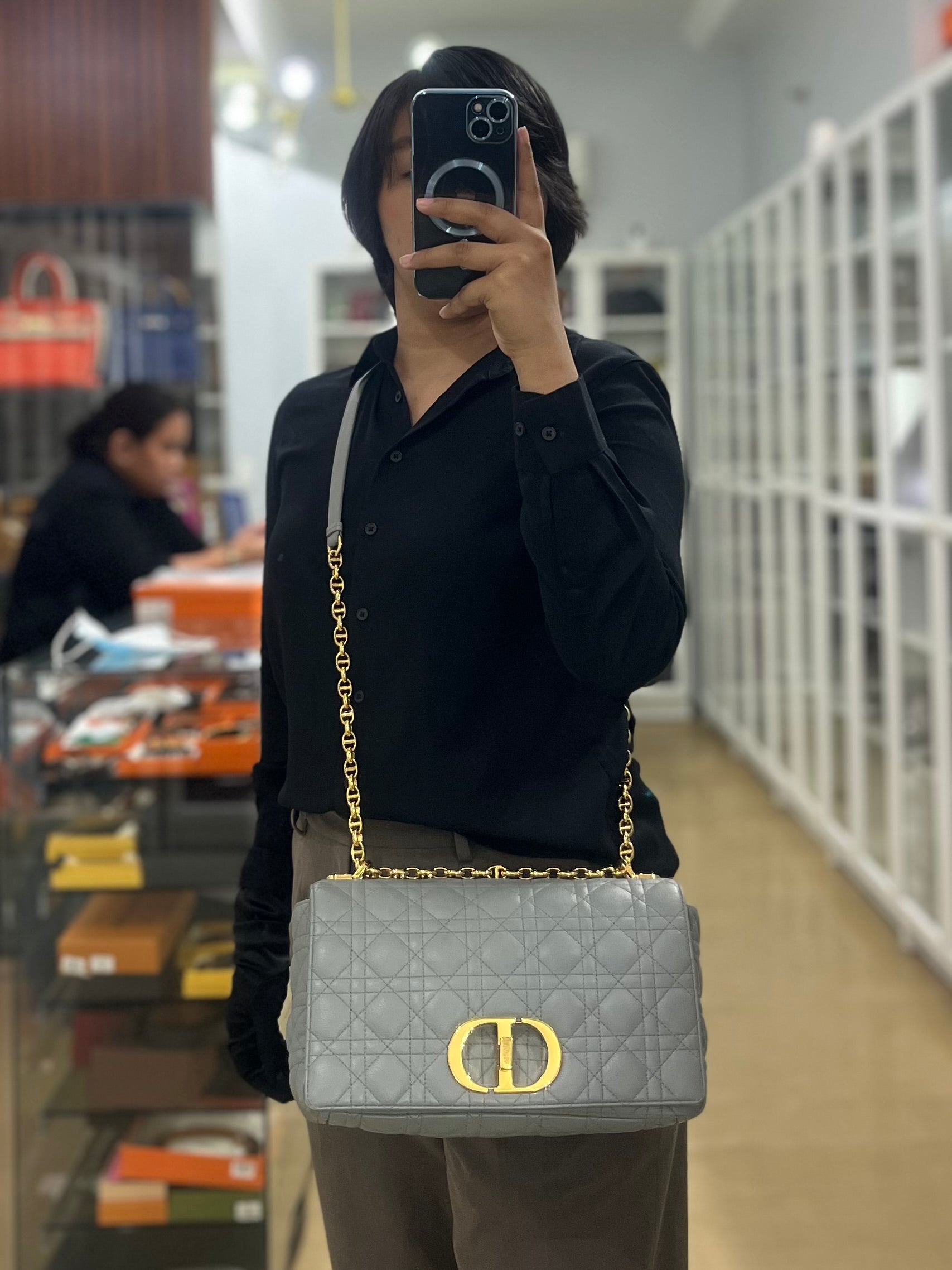 Caro Large in Grey Leather Shoulder Bag with Gold Hardware | Purse Maison Luxury Bags Shop