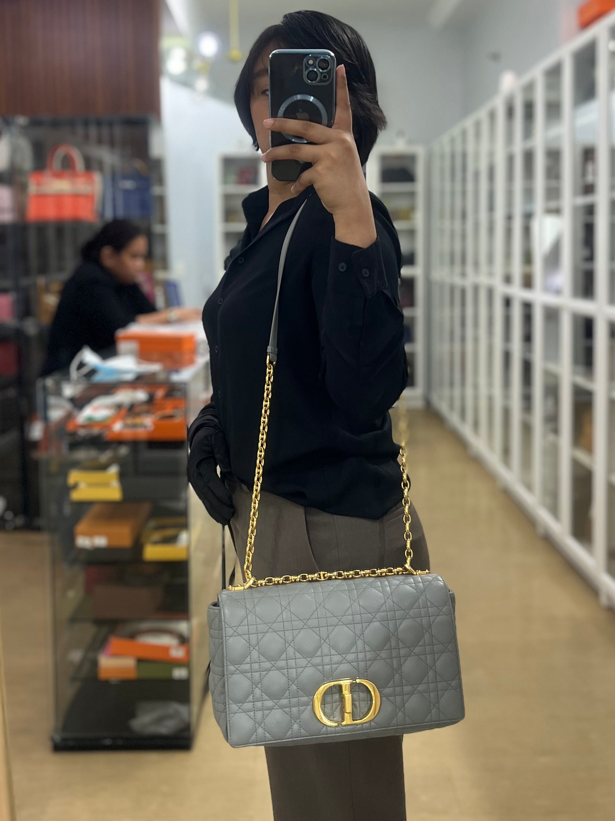 Caro Large in Grey Leather Shoulder Bag with Gold Hardware | Purse Maison Luxury Bags Shop