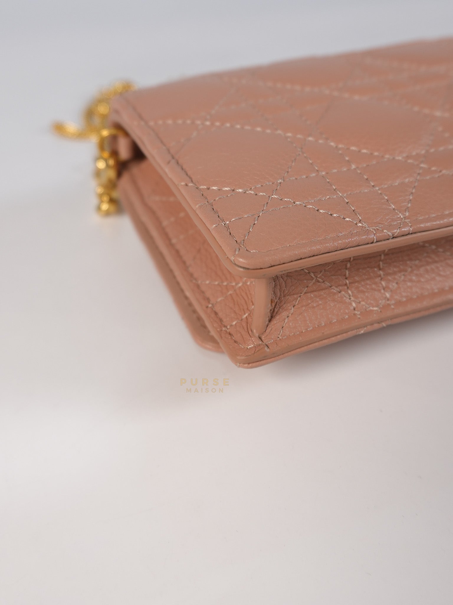 Caro Pouch with Chain in Rose des Vents Supple Cannage Calfskin Leather | Purse Maison Luxury Bags Shop