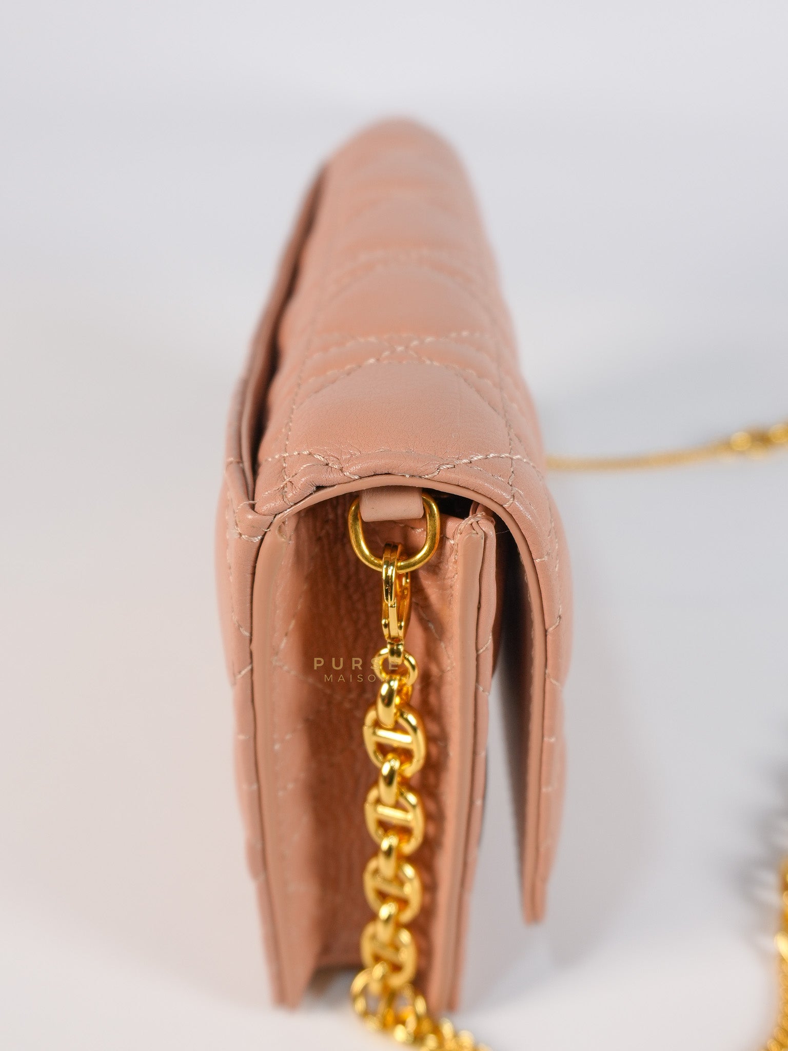 Caro Pouch with Chain in Rose des Vents Supple Cannage Calfskin Leather | Purse Maison Luxury Bags Shop