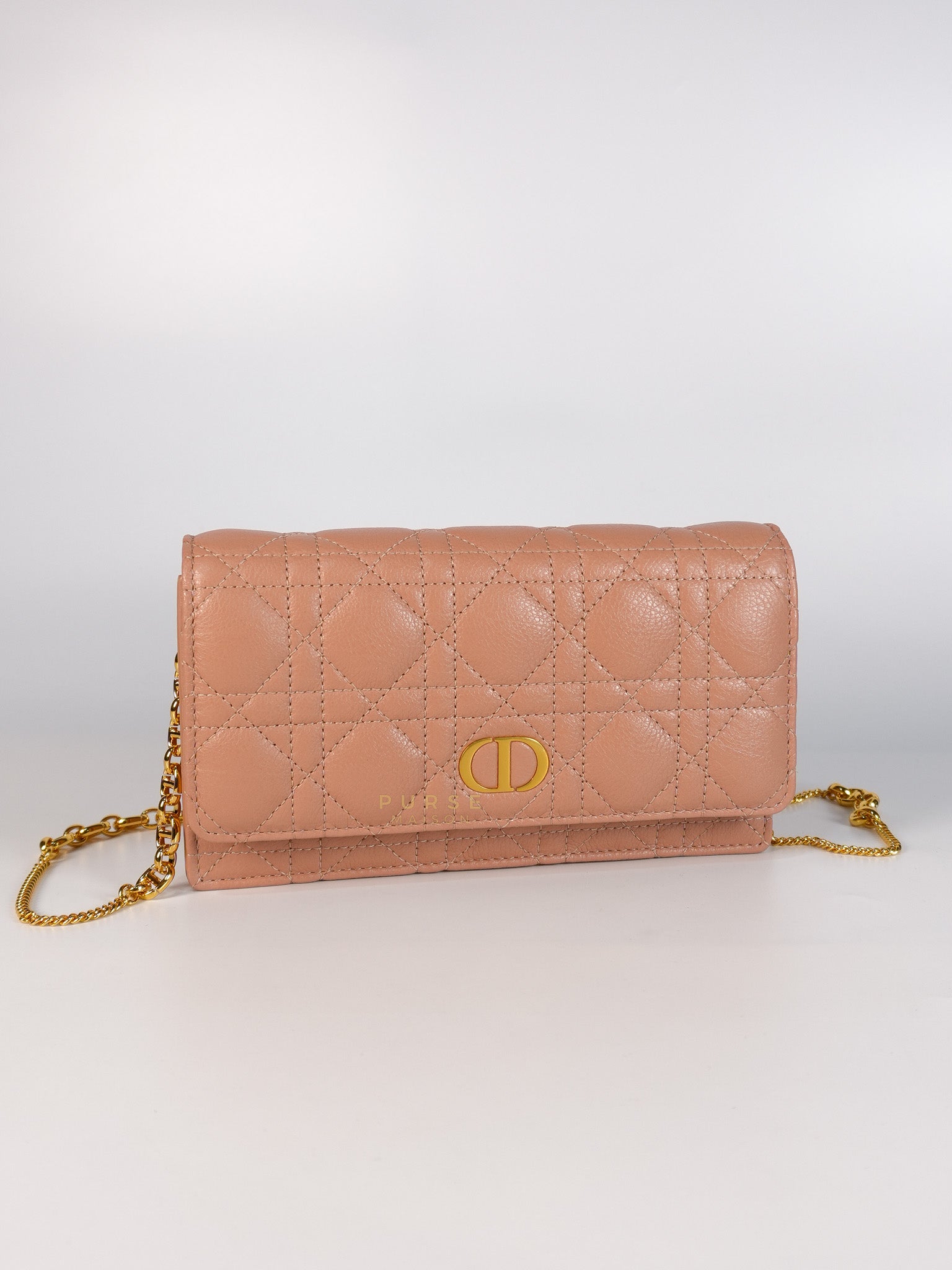 Caro Pouch with Chain in Rose des Vents Supple Cannage Calfskin Leather | Purse Maison Luxury Bags Shop