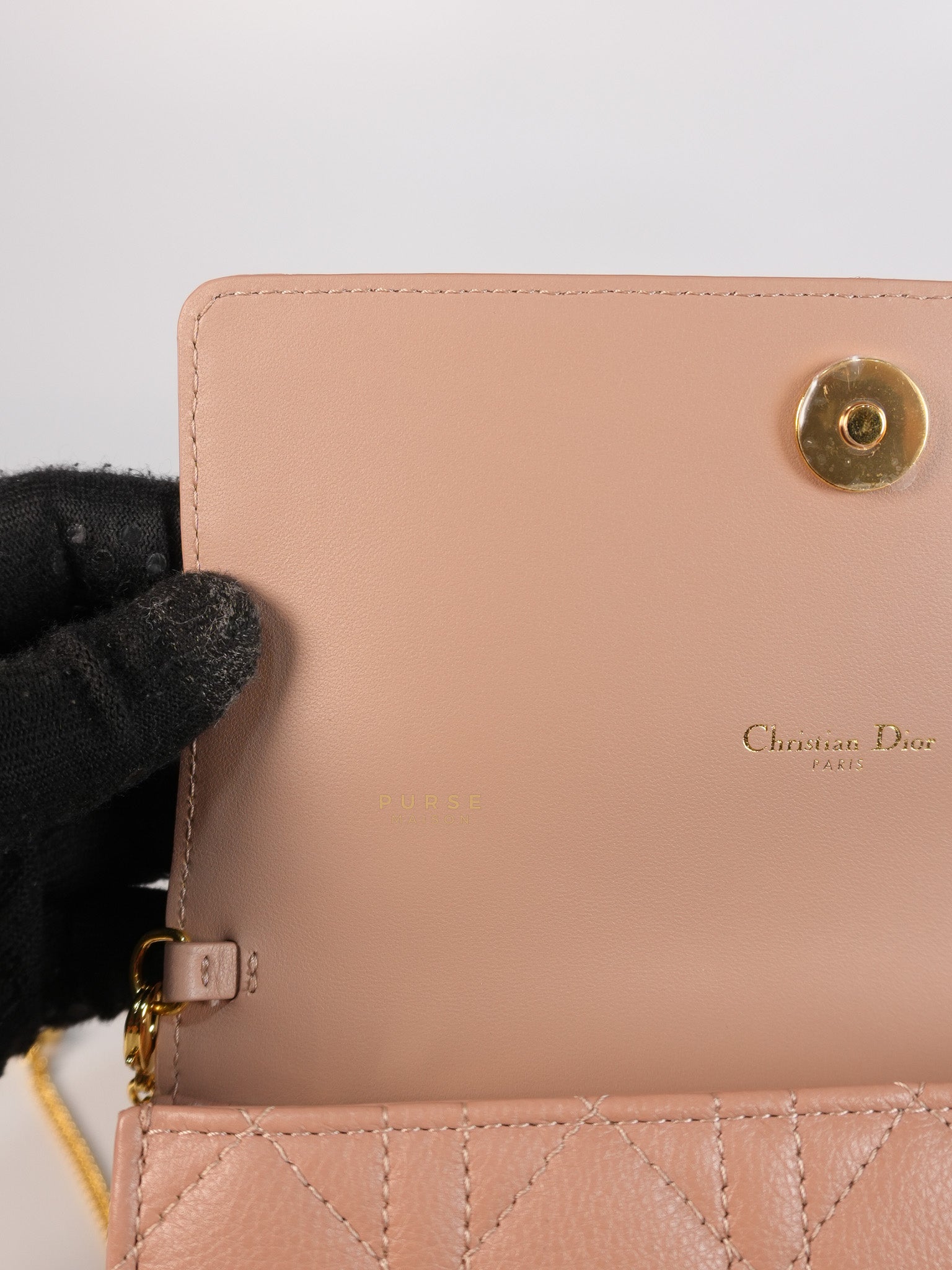 Caro Pouch with Chain in Rose des Vents Supple Cannage Calfskin Leather | Purse Maison Luxury Bags Shop
