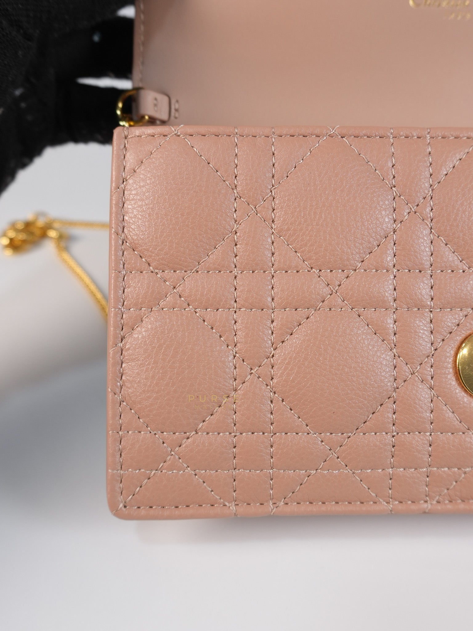 Caro Pouch with Chain in Rose des Vents Supple Cannage Calfskin Leather | Purse Maison Luxury Bags Shop