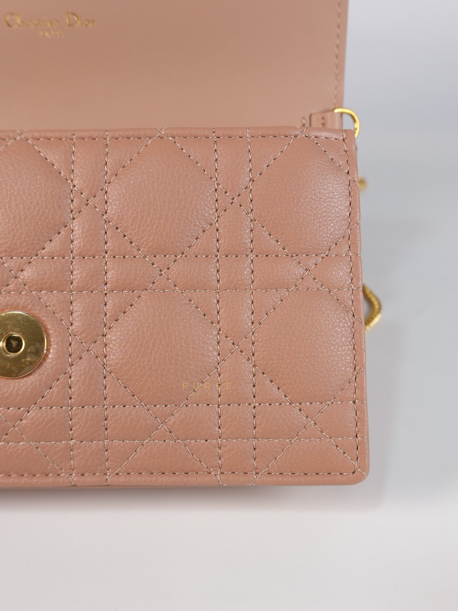 Caro Pouch with Chain in Rose des Vents Supple Cannage Calfskin Leather | Purse Maison Luxury Bags Shop