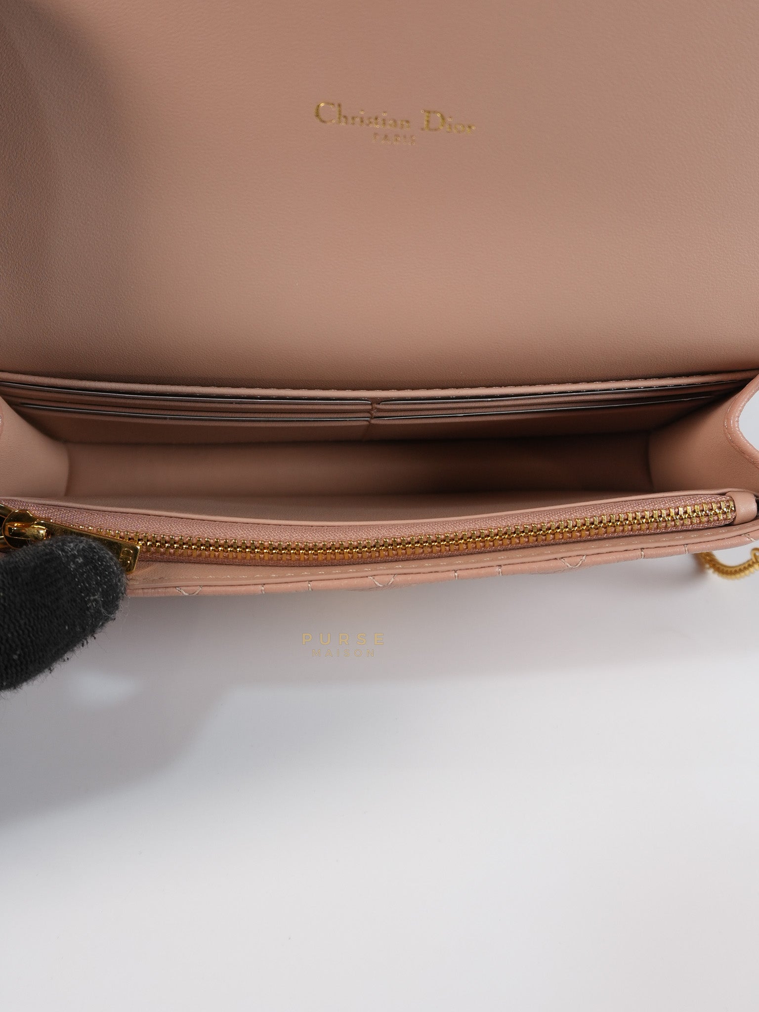 Caro Pouch with Chain in Rose des Vents Supple Cannage Calfskin Leather | Purse Maison Luxury Bags Shop