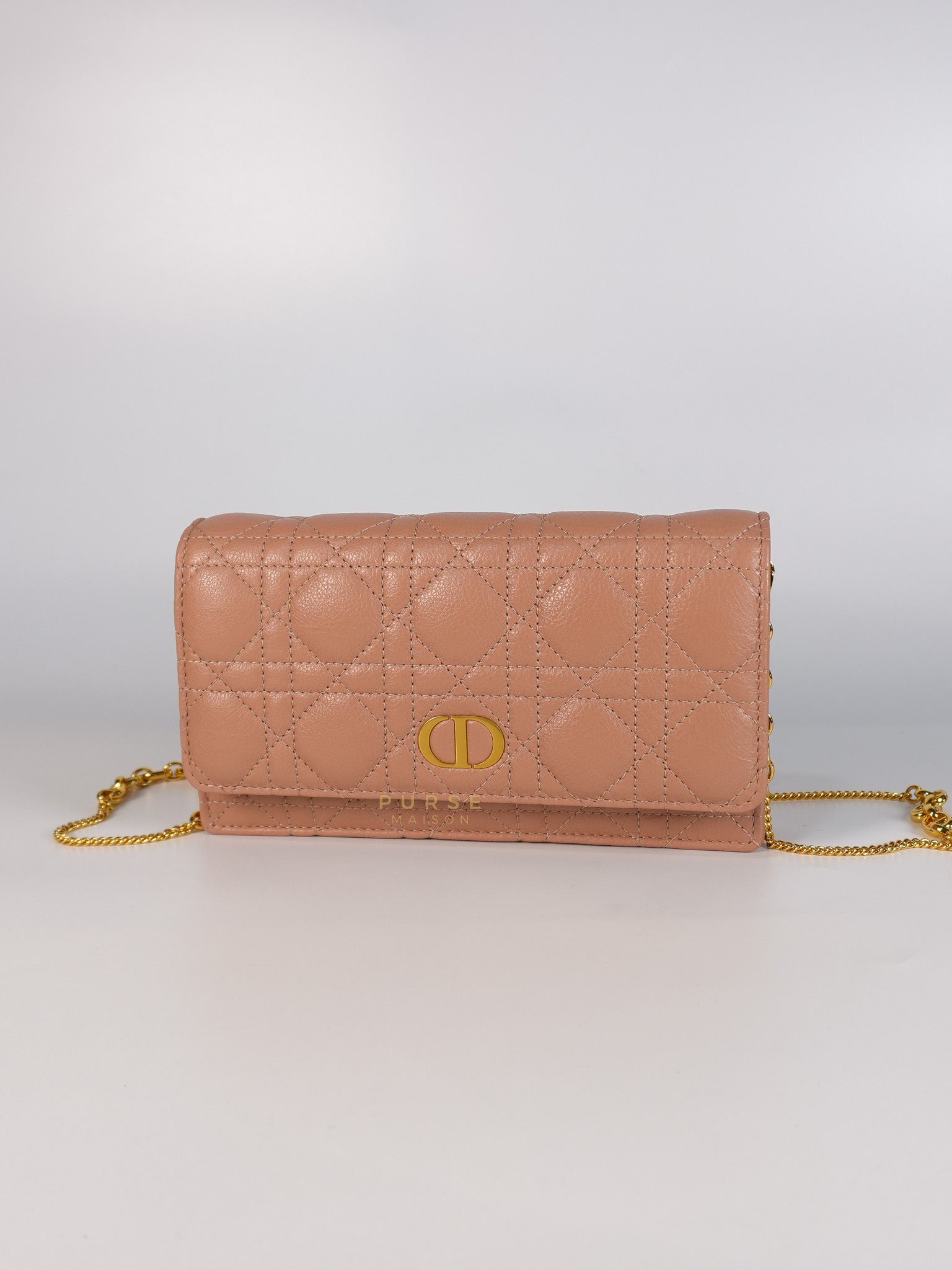 Caro Pouch with Chain in Rose des Vents Supple Cannage Calfskin Leather | Purse Maison Luxury Bags Shop