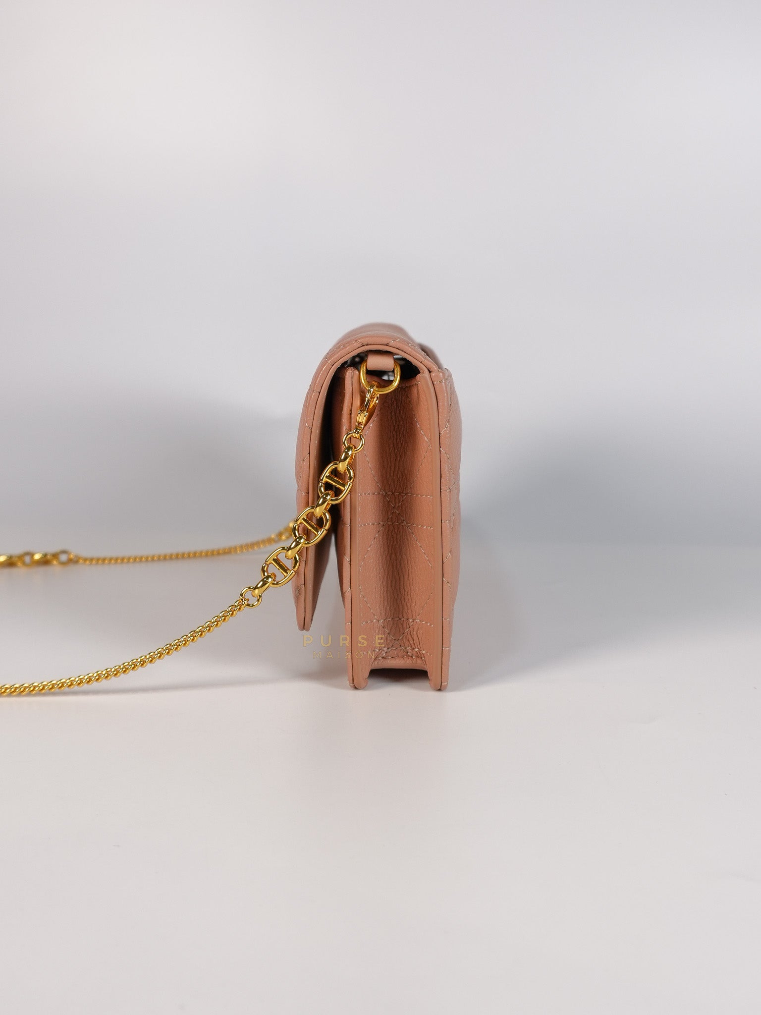 Caro Pouch with Chain in Rose des Vents Supple Cannage Calfskin Leather | Purse Maison Luxury Bags Shop