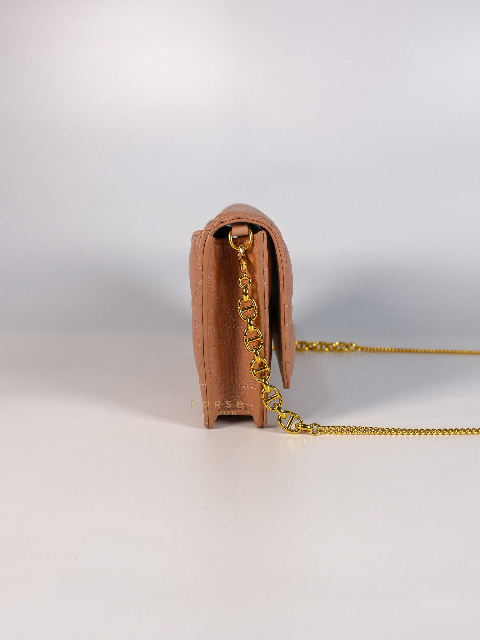 Caro Pouch with Chain in Rose des Vents Supple Cannage Calfskin Leather | Purse Maison Luxury Bags Shop