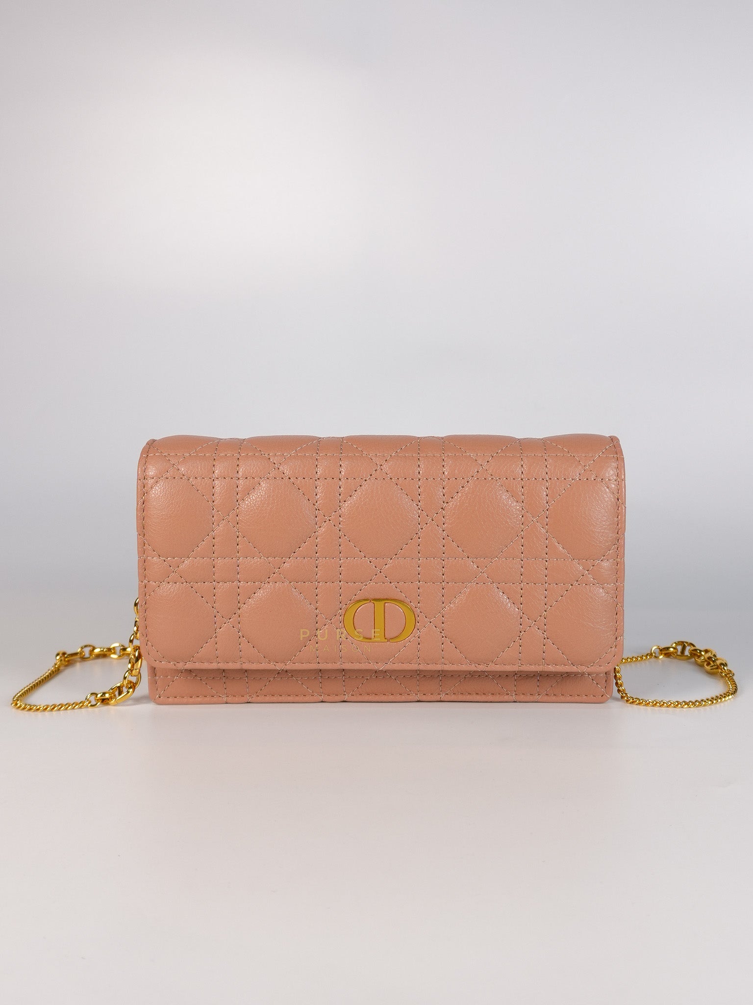 Caro Pouch with Chain in Rose des Vents Supple Cannage Calfskin Leather | Purse Maison Luxury Bags Shop