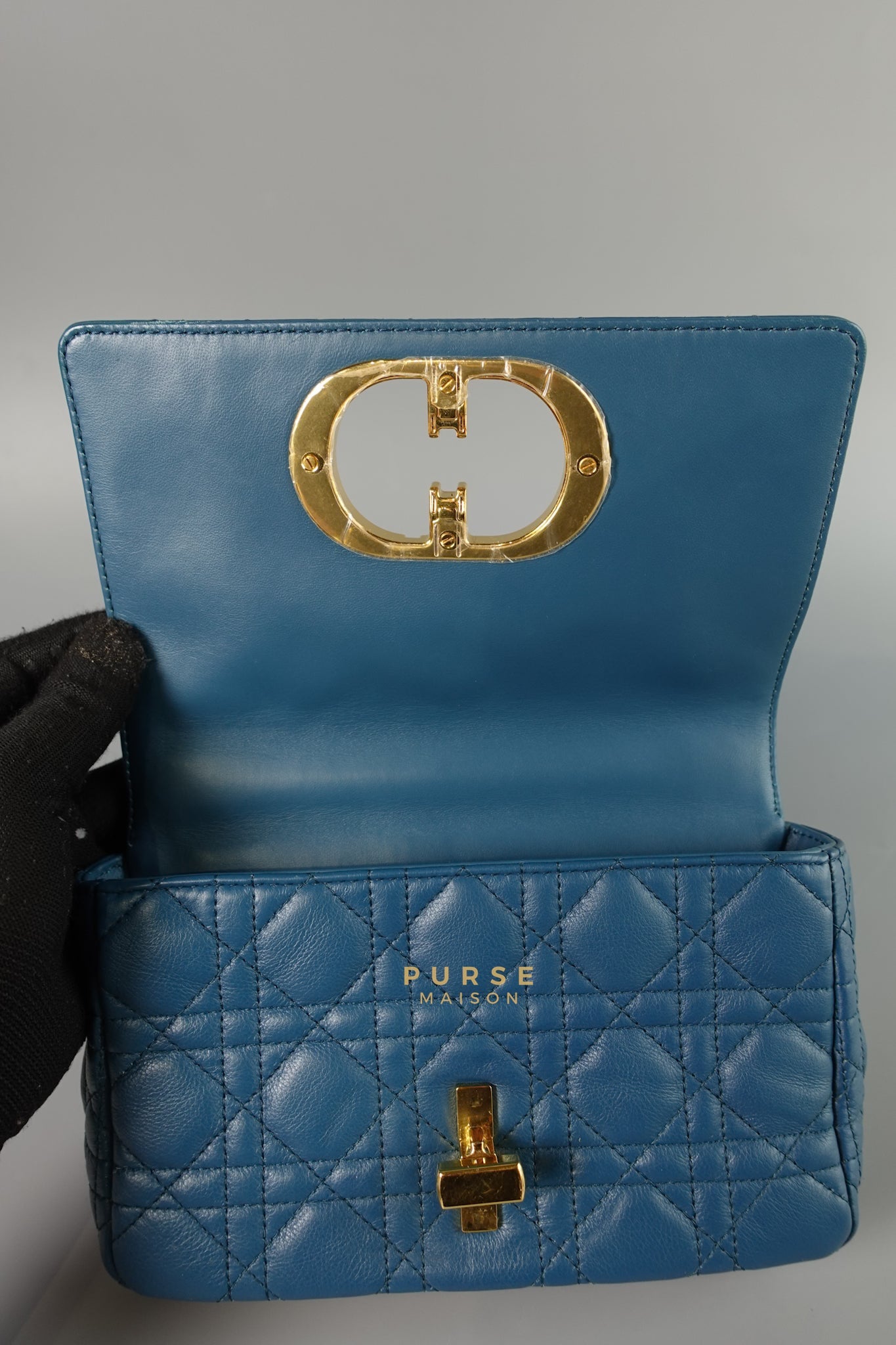 Caro Small Bag in Deep Ocean Blue Supple Cannage Calfskin | Purse Maison Luxury Bags Shop