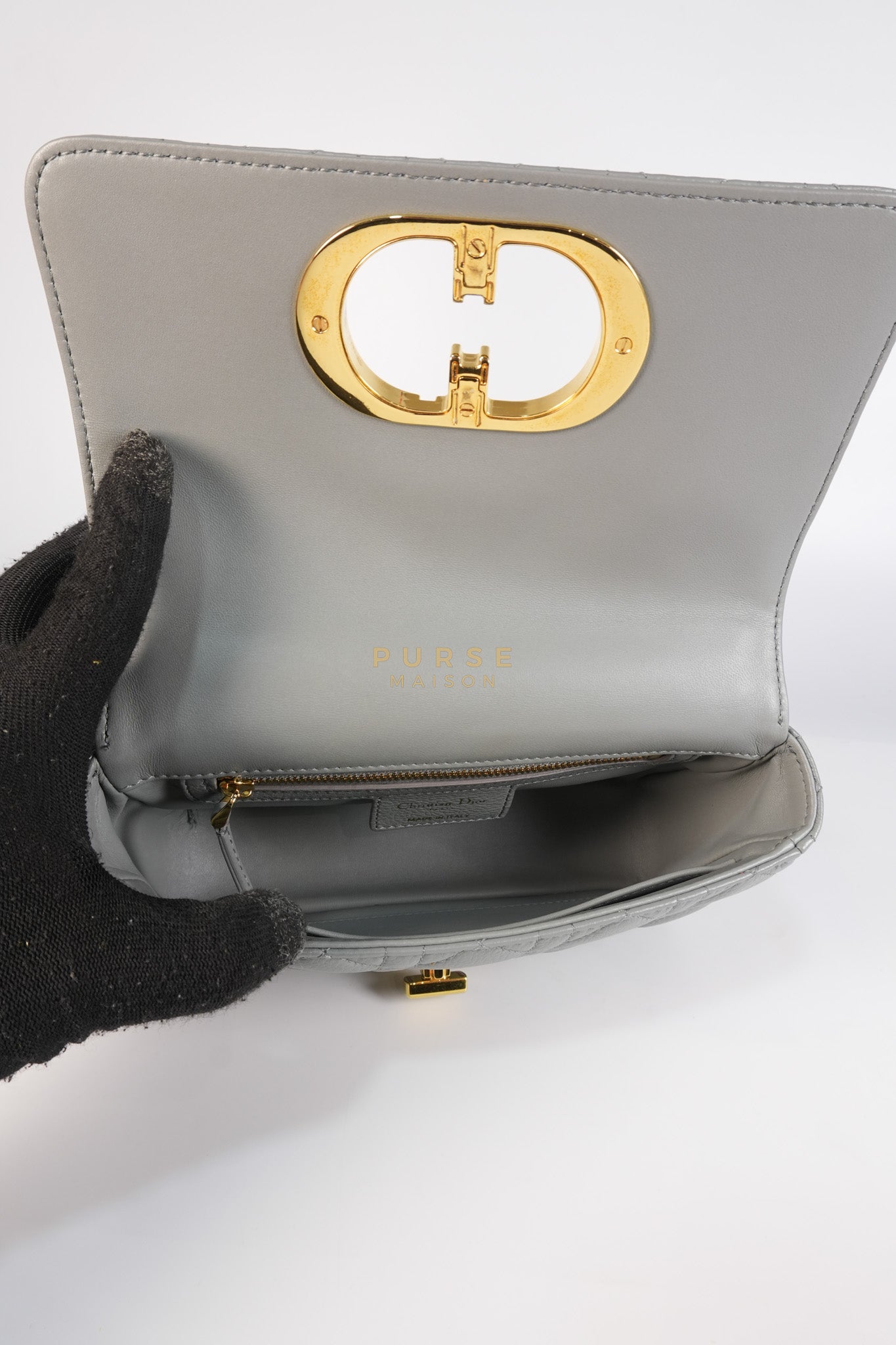 Caro Small Bag in Gray Supple Cannage Calfskin Leather | Purse Maison Luxury Bags Shop