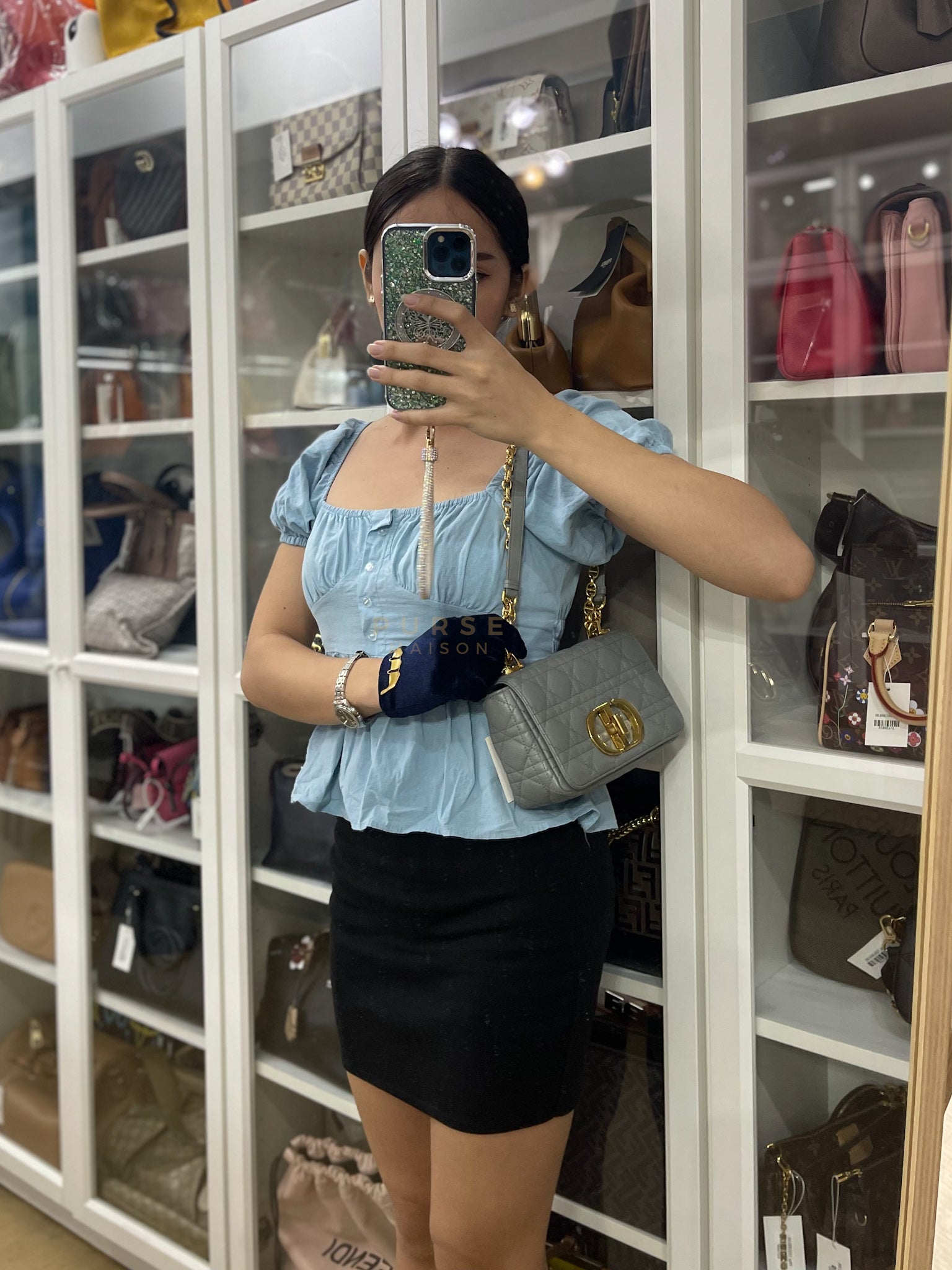 Caro Small Bag in Gray Supple Cannage Calfskin Leather | Purse Maison Luxury Bags Shop