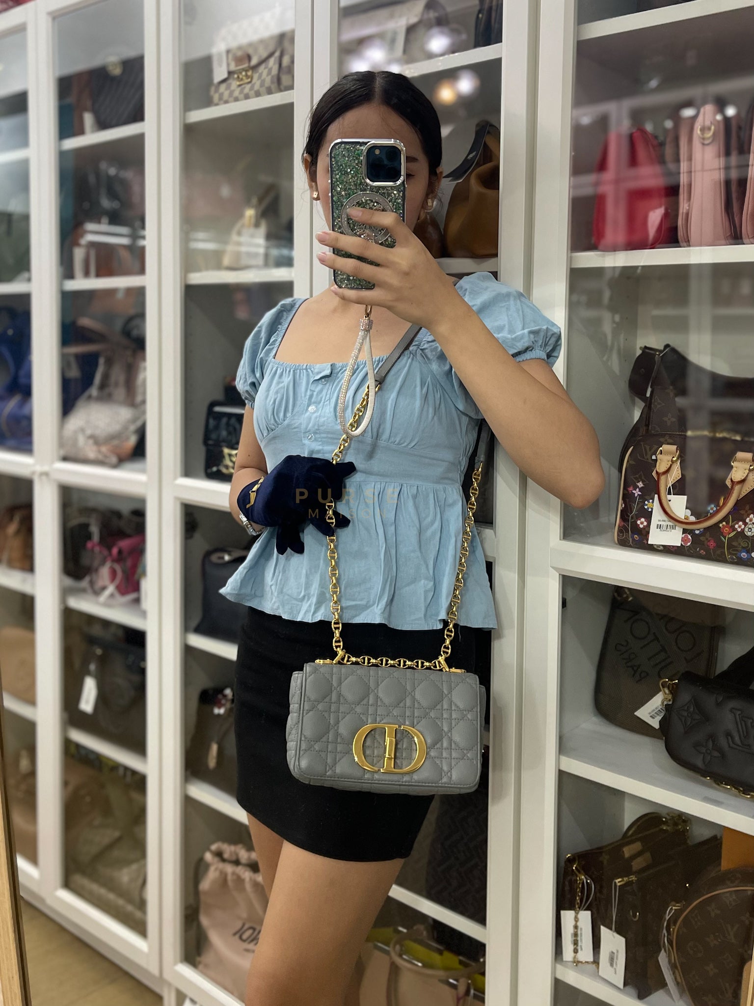 Caro Small Bag in Gray Supple Cannage Calfskin Leather | Purse Maison Luxury Bags Shop