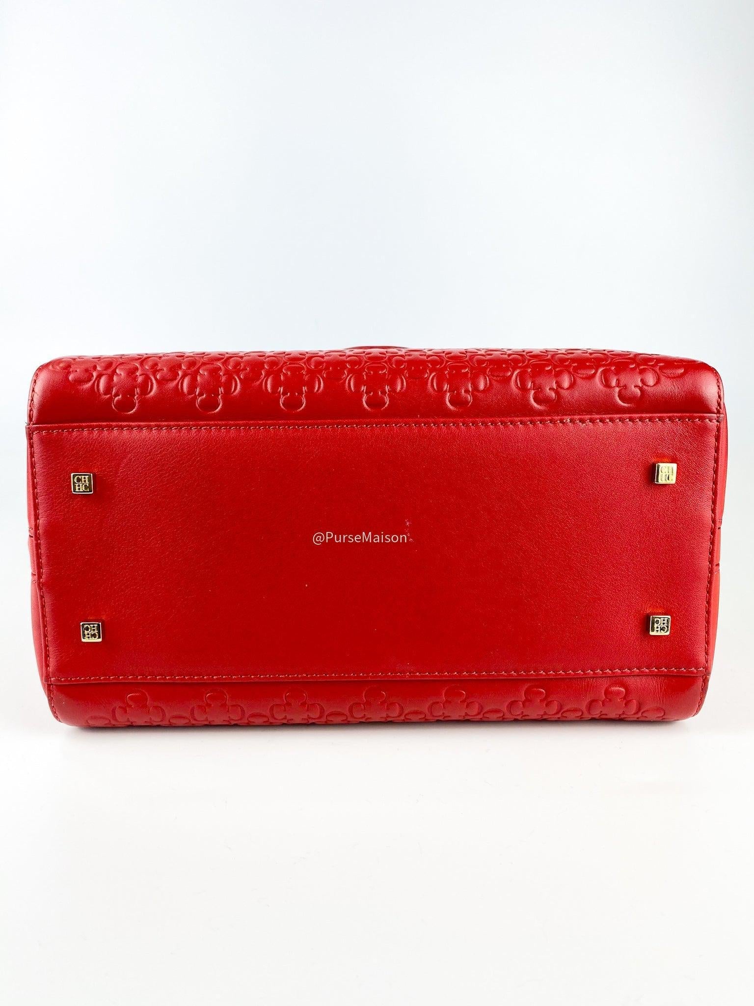 Caronlina Herrera Red Monogram Leather Duke Medium Shoulder Bag