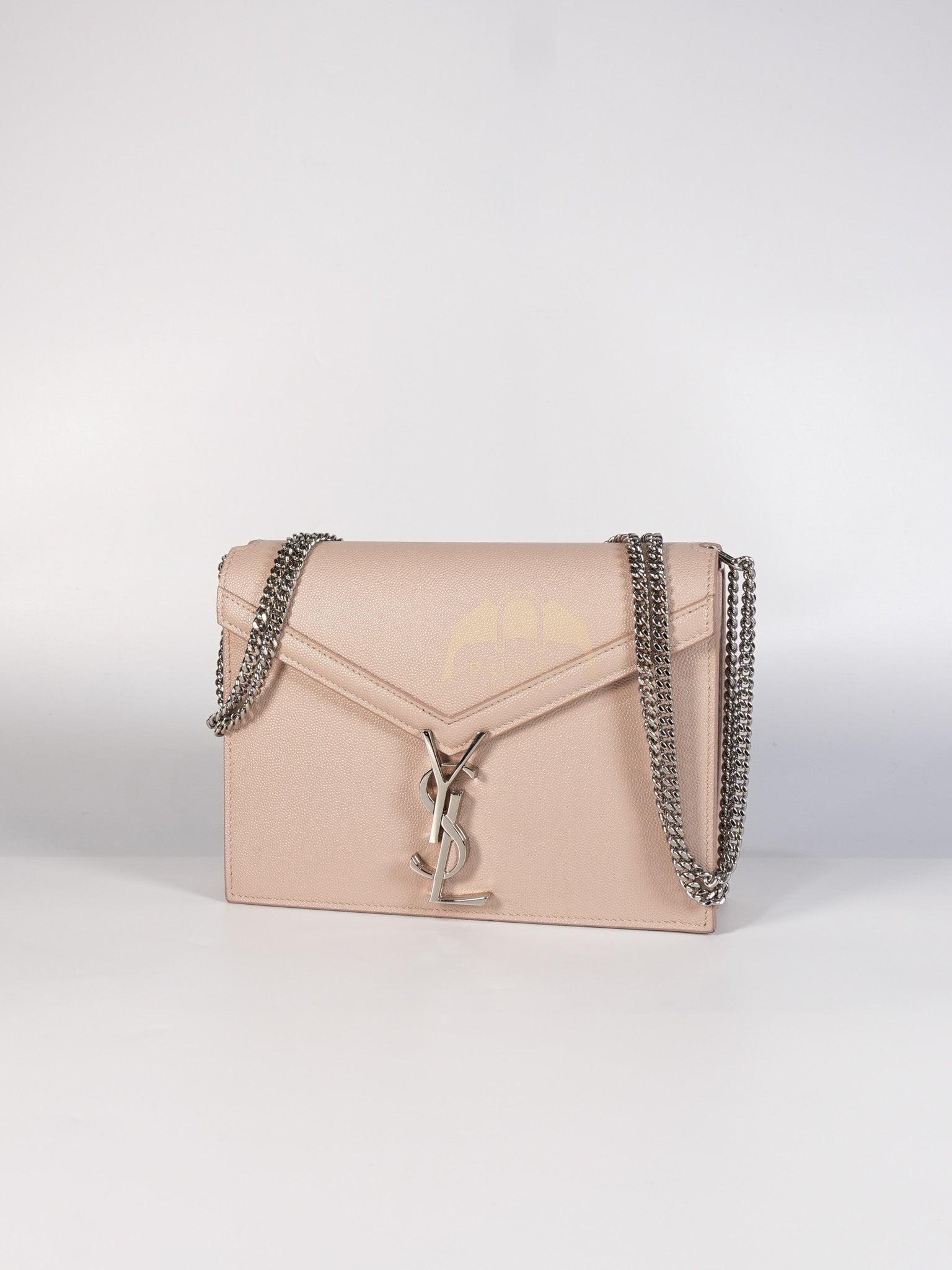 Cassandra Chain Flap Shoulder Bag in Pink Beige Grained Leather | Purse Maison Luxury Bags Shop