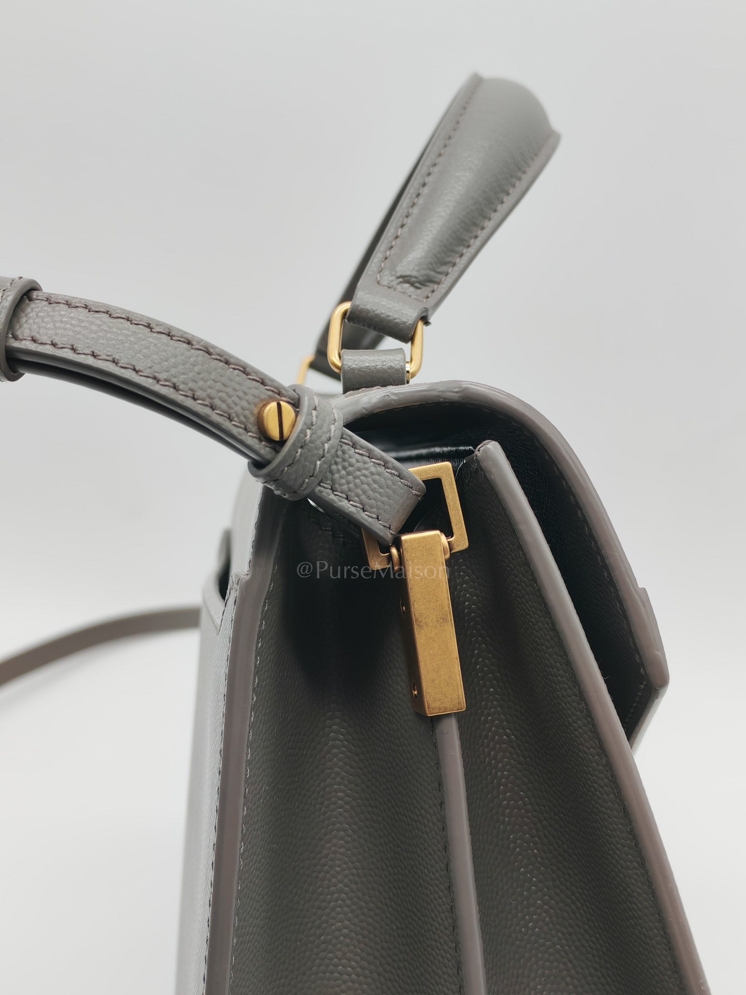 Cassandra Top Handle Medium in Dark Gray Grained Calfskin Leather | Purse Maison Luxury Bags Shop