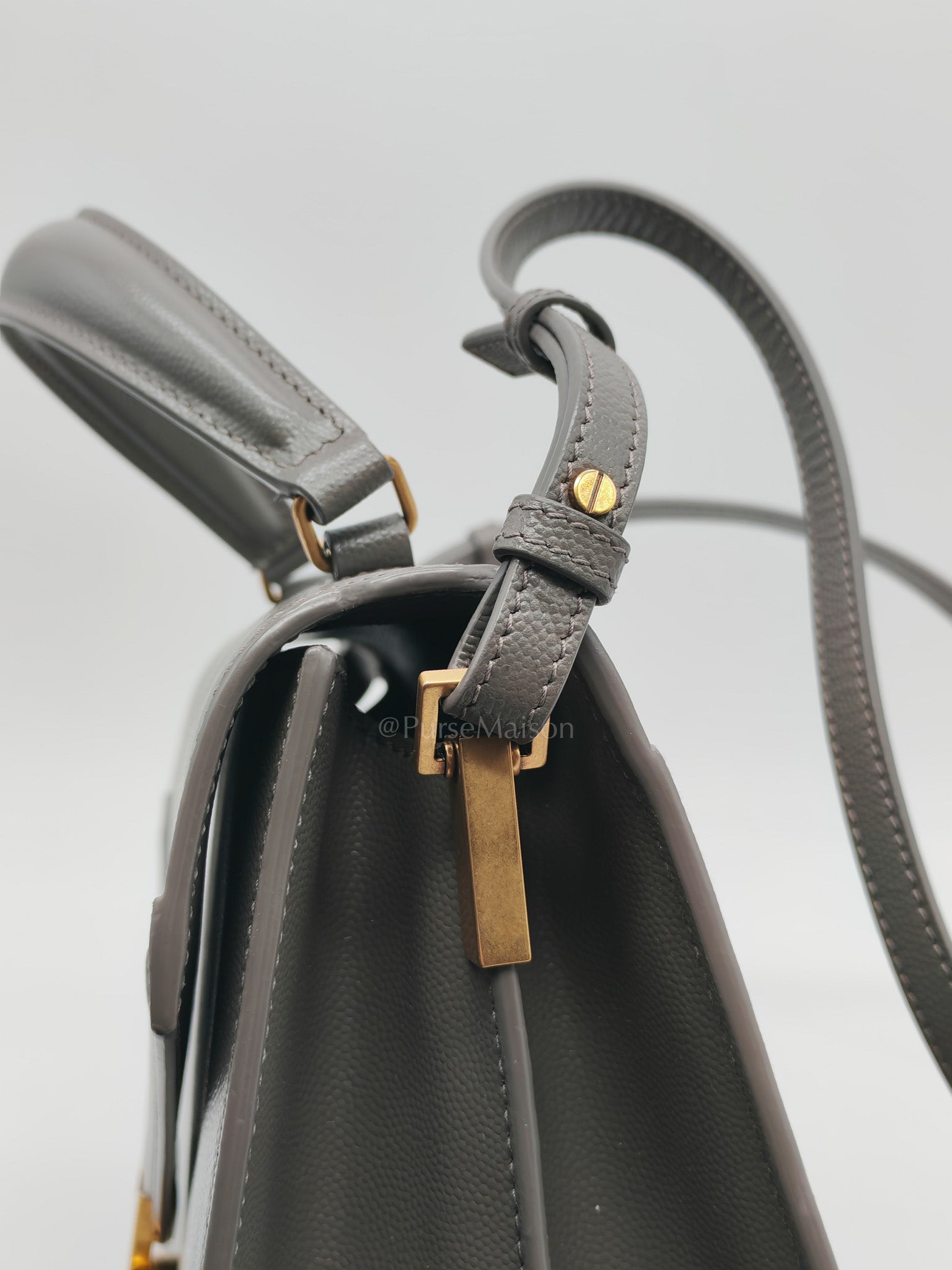 Cassandra Top Handle Medium in Dark Gray Grained Calfskin Leather | Purse Maison Luxury Bags Shop