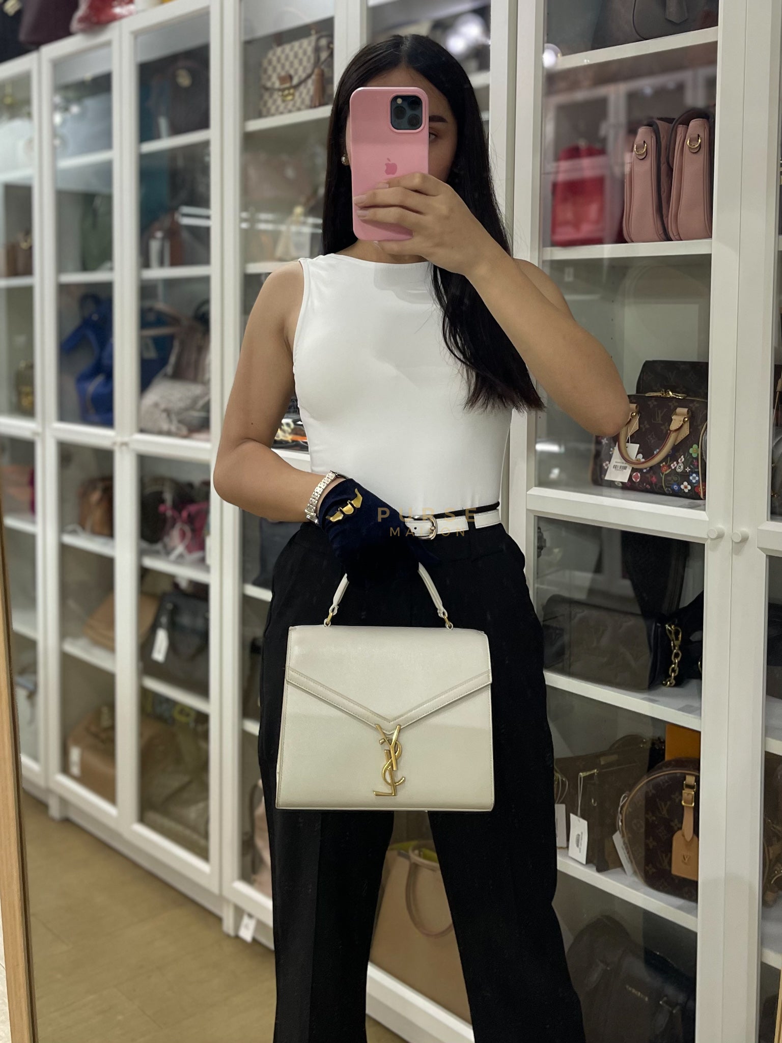 Cassandra Top Handle Medium in Off White Grained Calfskin Leather | Purse Maison Luxury Bags Shop