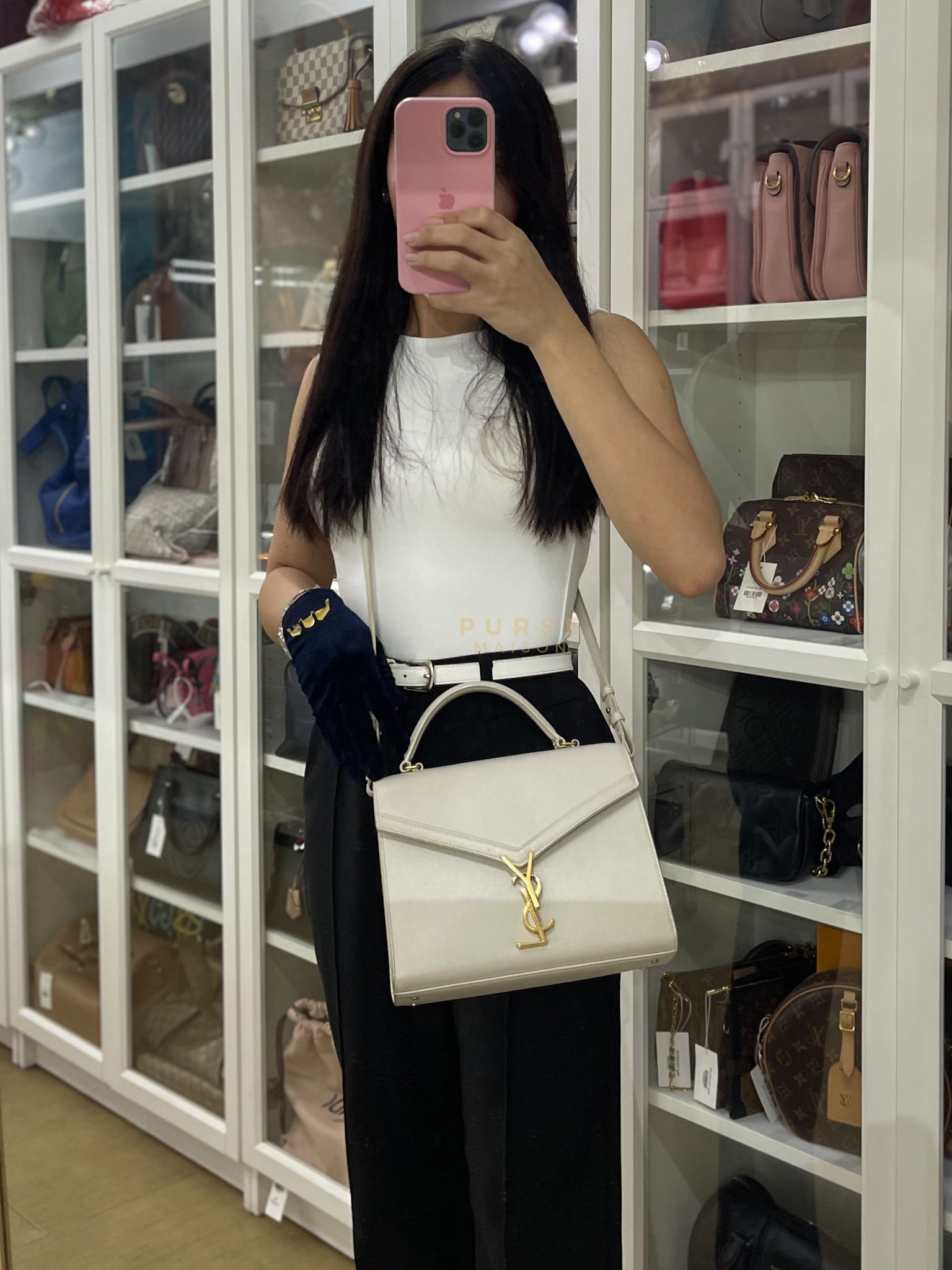 Cassandra Top Handle Medium in Off White Grained Calfskin Leather | Purse Maison Luxury Bags Shop