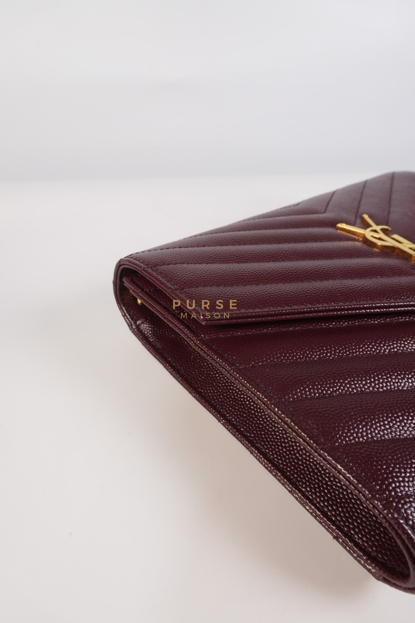 Cassandre Envelope Clutch in Burgundy Matellase Leather & Gold Hardware | Purse Maison Luxury Bags Shop