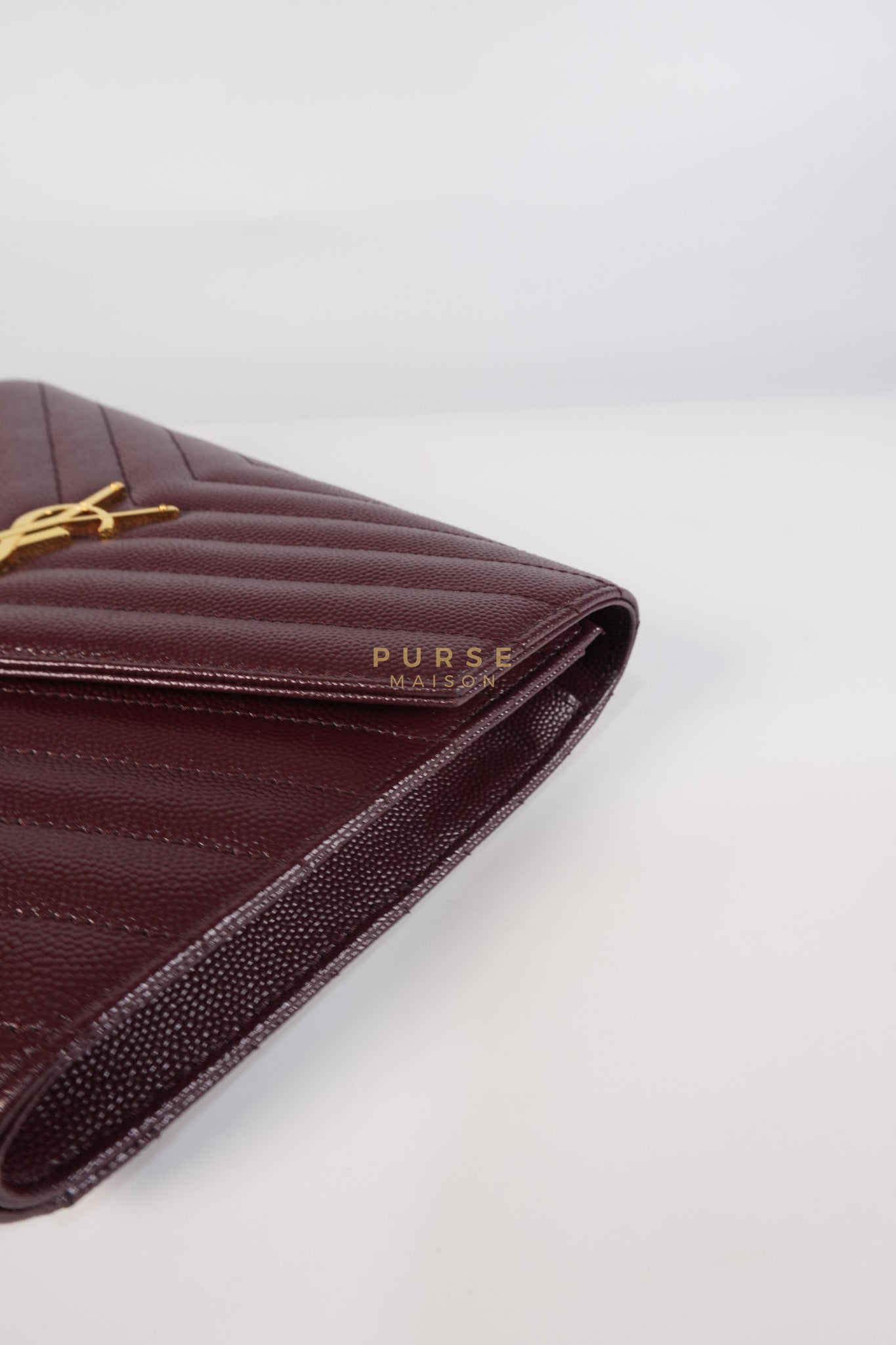 Cassandre Envelope Clutch in Burgundy Matellase Leather & Gold Hardware | Purse Maison Luxury Bags Shop