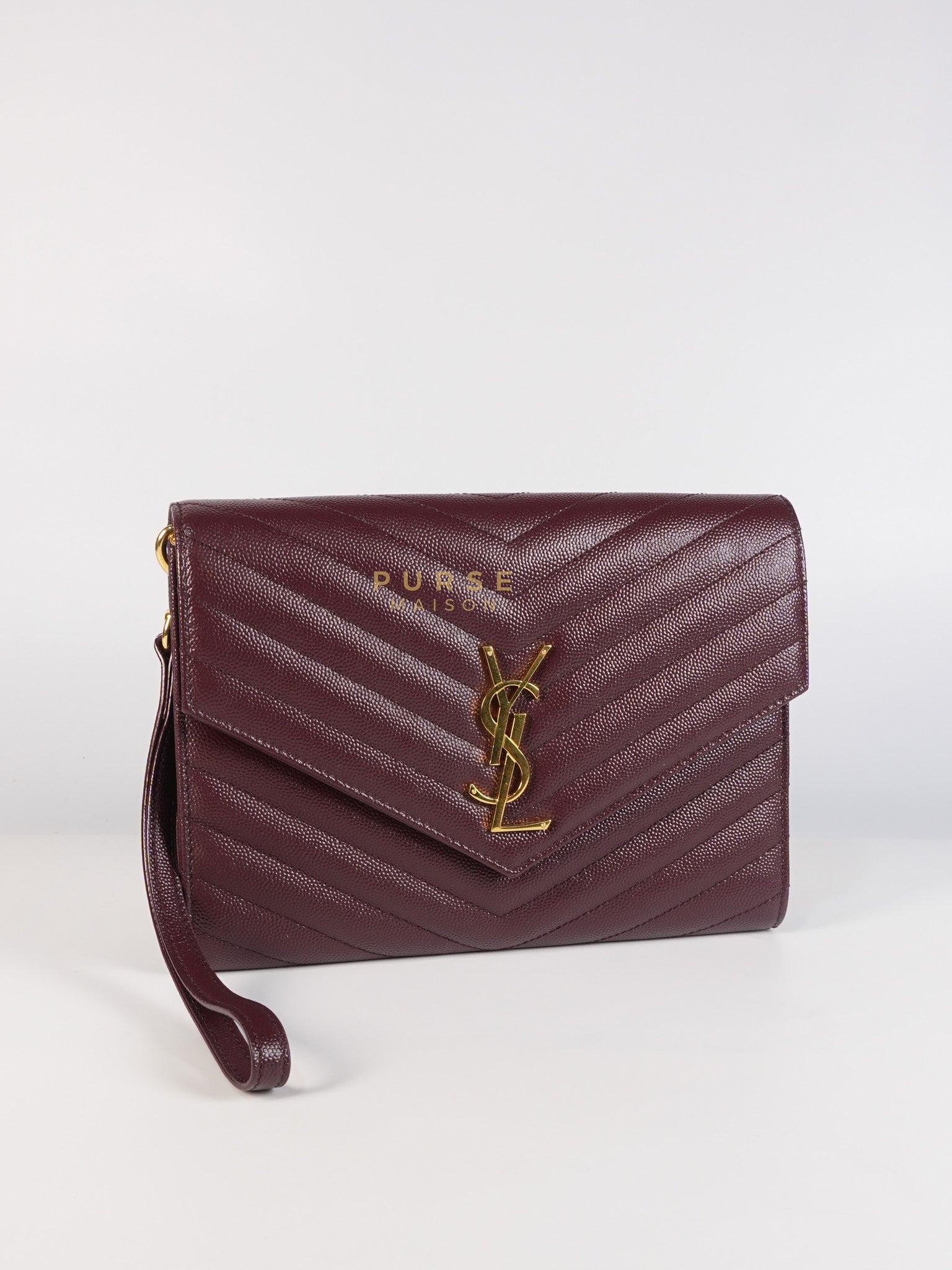 Cassandre Envelope Clutch in Burgundy Matellase Leather & Gold Hardware | Purse Maison Luxury Bags Shop