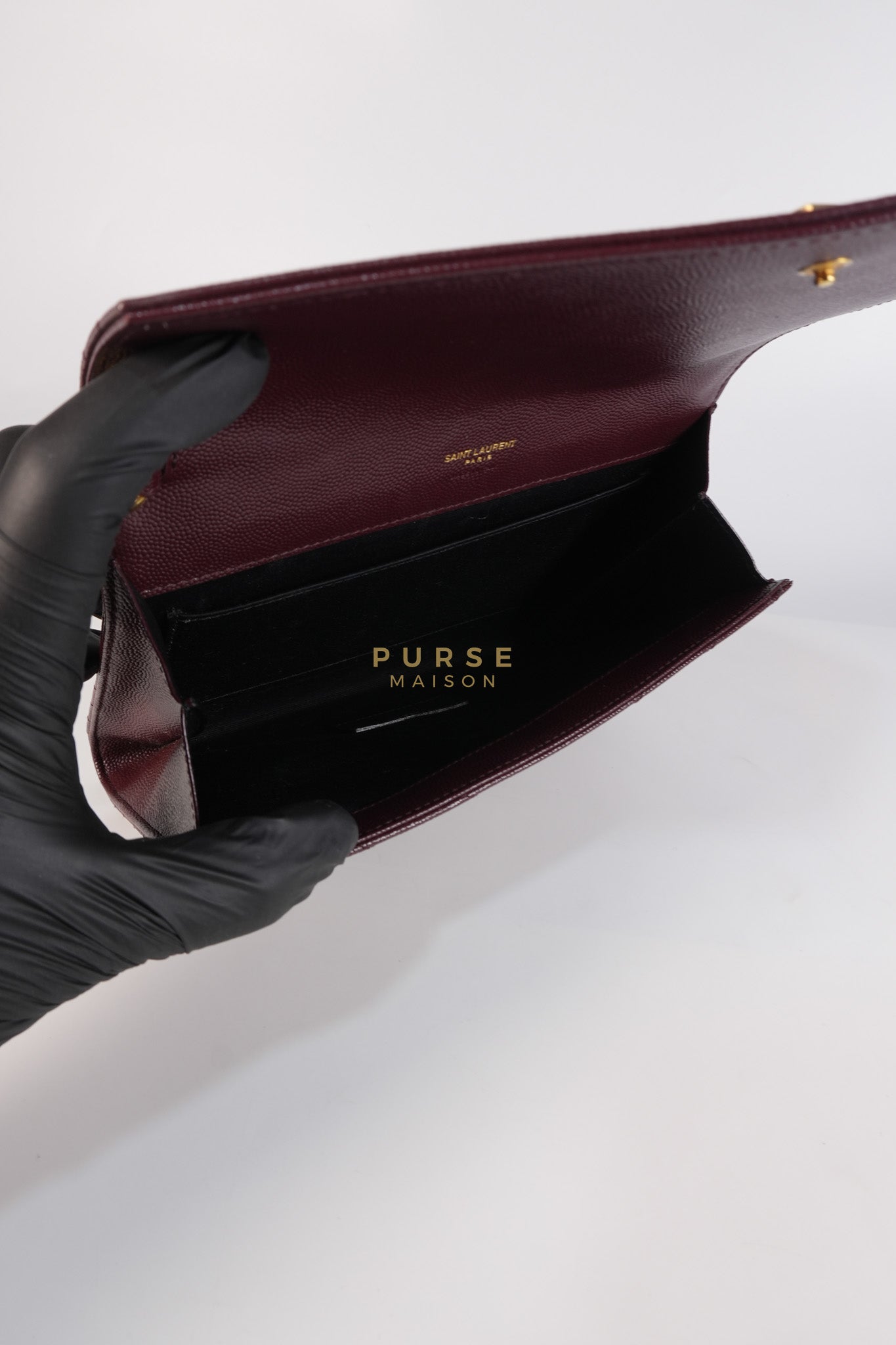 Cassandre Envelope Clutch in Burgundy Matellase Leather & Gold Hardware | Purse Maison Luxury Bags Shop