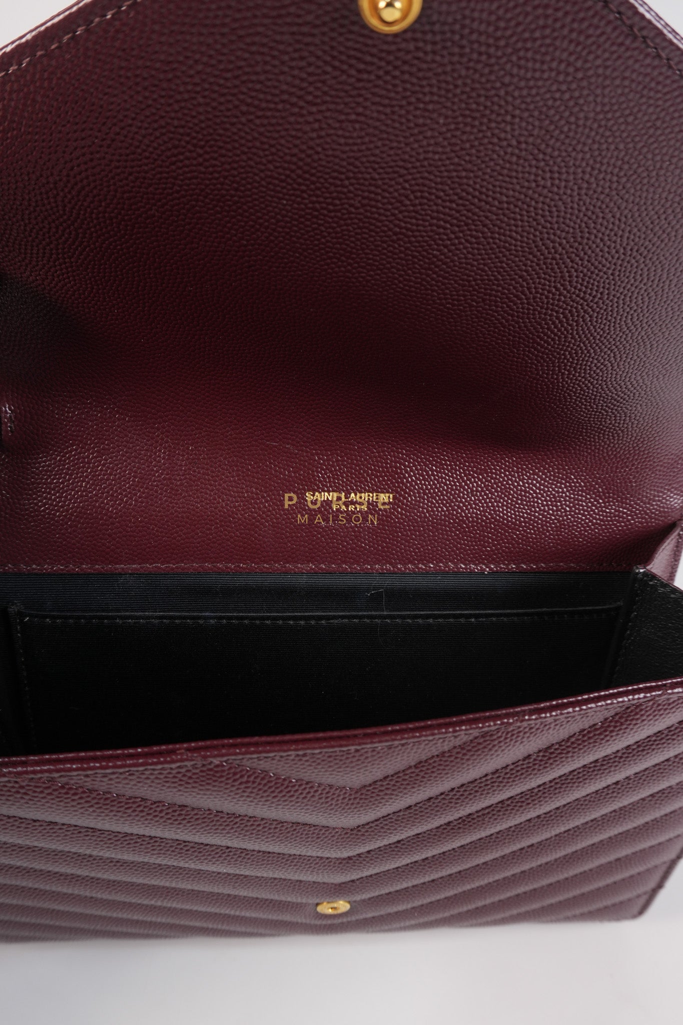 Cassandre Envelope Clutch in Burgundy Matellase Leather & Gold Hardware | Purse Maison Luxury Bags Shop