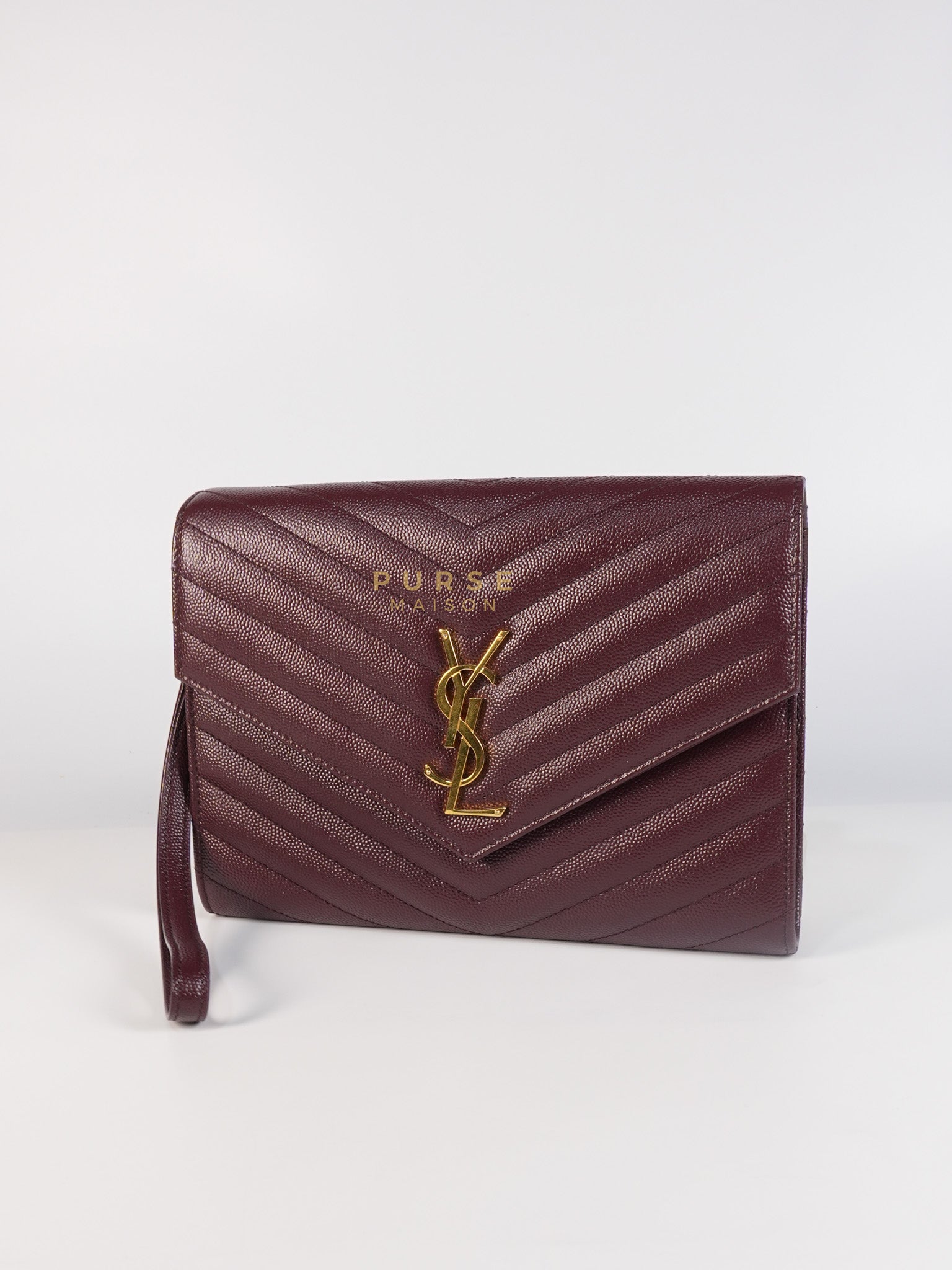 Cassandre Envelope Clutch in Burgundy Matellase Leather & Gold Hardware | Purse Maison Luxury Bags Shop