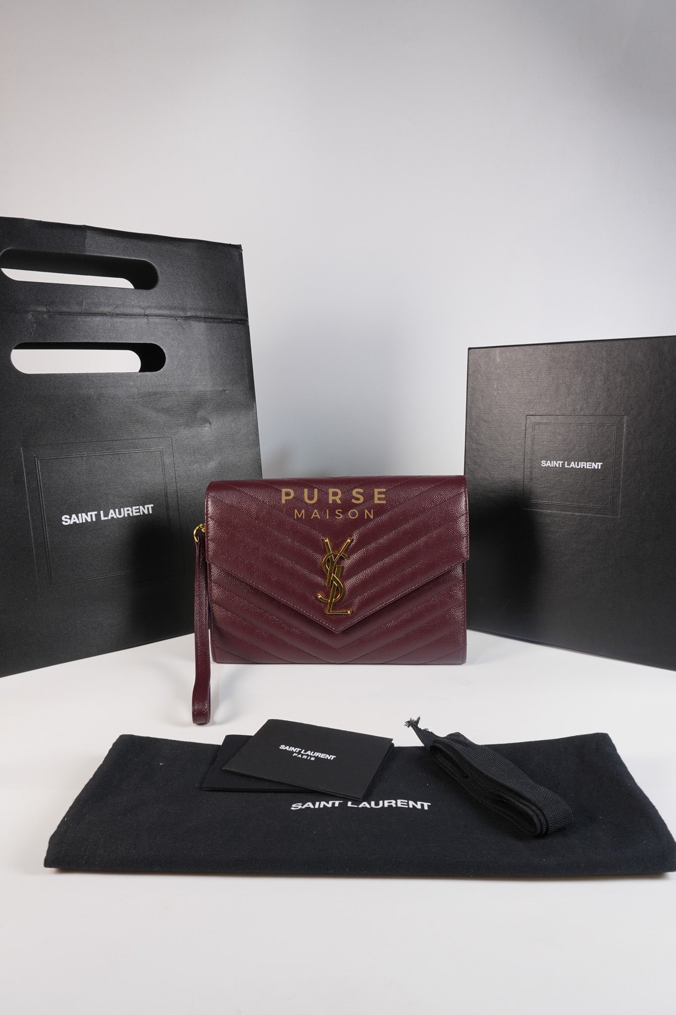 Cassandre Envelope Clutch in Burgundy Matellase Leather & Gold Hardware | Purse Maison Luxury Bags Shop